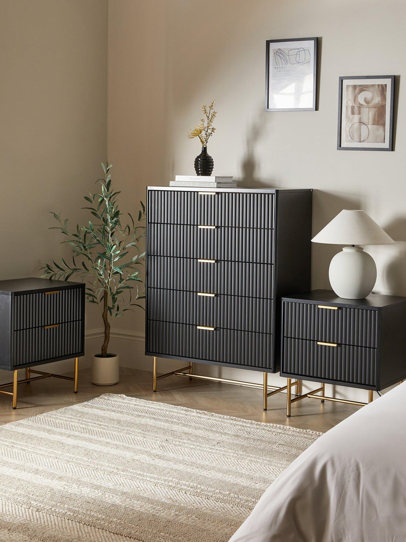 Image 1 of 7 of The Very Collection Cora 3 Piece&nbsp;Package - 5 Drawer Chest and Pair of&nbsp;2 Drawer&nbsp;Bedside Chests - Black/Brass
