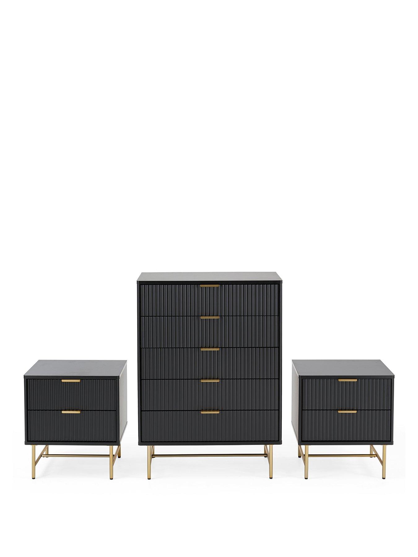 Image 2 of 7 of The Very Collection Cora 3 Piece&nbsp;Package - 5 Drawer Chest and Pair of&nbsp;2 Drawer&nbsp;Bedside Chests - Black/Brass