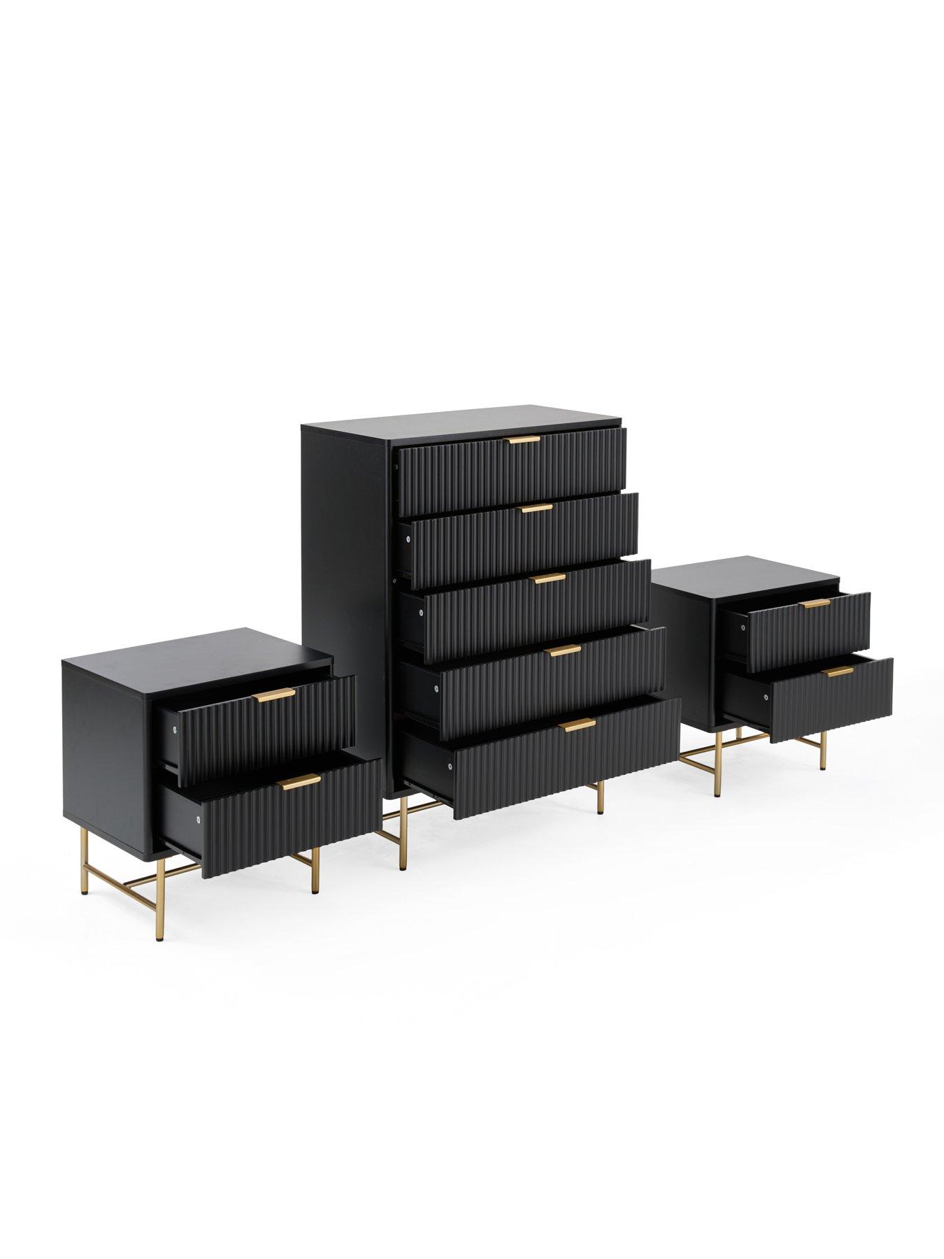 Image 3 of 7 of The Very Collection Cora 3 Piece&nbsp;Package - 5 Drawer Chest and Pair of&nbsp;2 Drawer&nbsp;Bedside Chests - Black/Brass