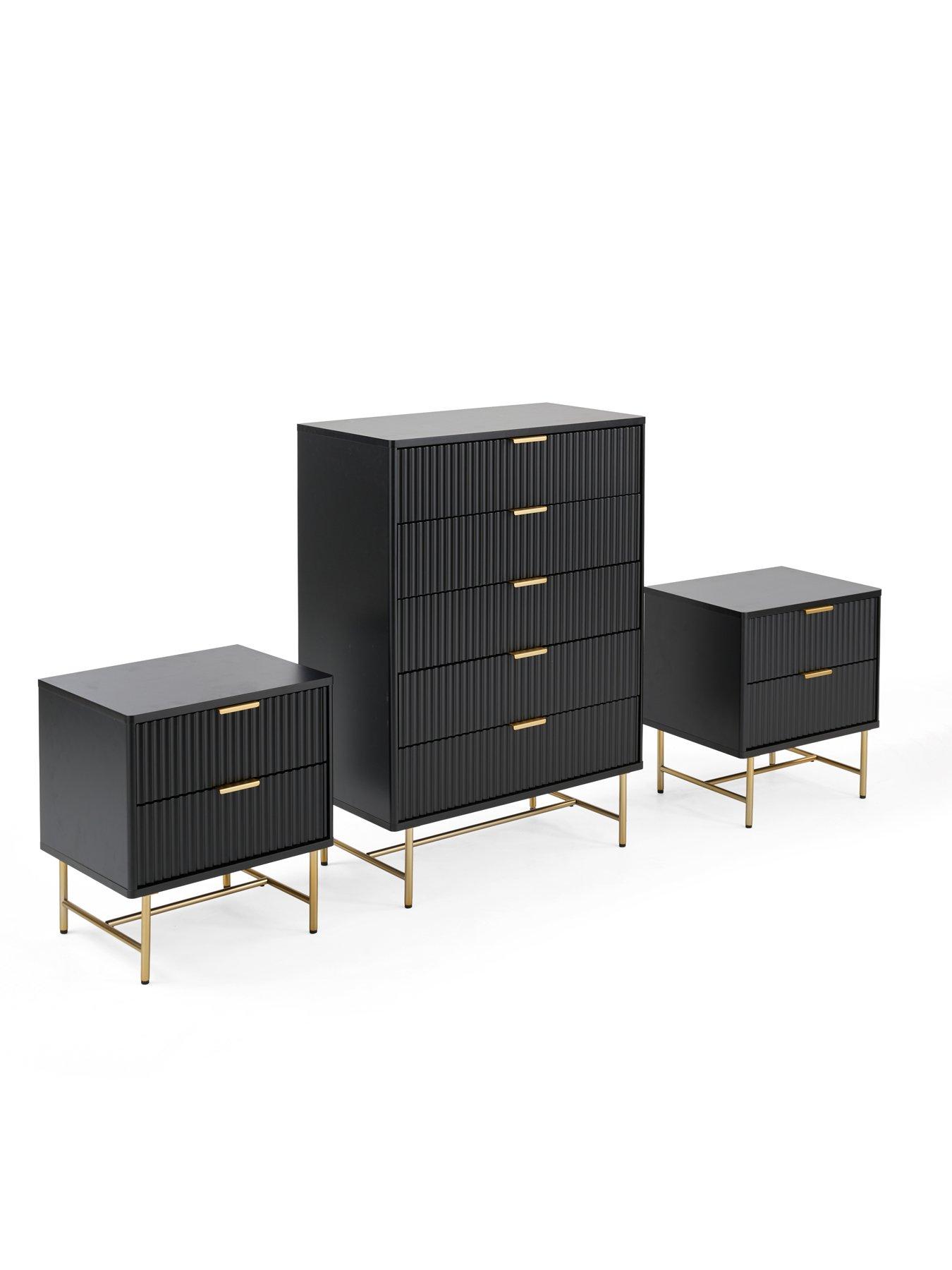 Image 4 of 7 of The Very Collection Cora 3 Piece&nbsp;Package - 5 Drawer Chest and Pair of&nbsp;2 Drawer&nbsp;Bedside Chests - Black/Brass