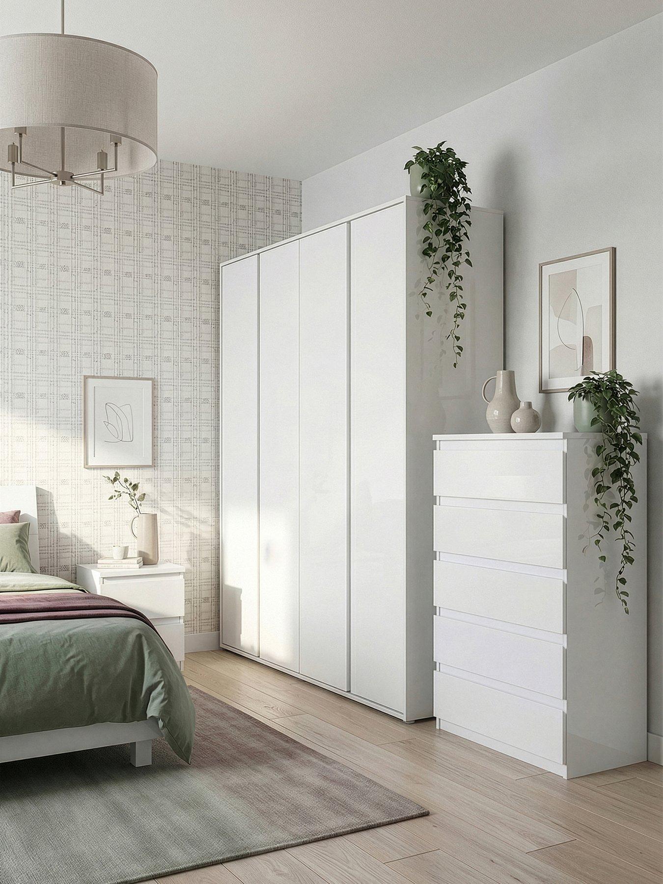 Image 1 of 6 of The Very Collection Layton Gloss 3 Piece&nbsp;Package - 4 Door Wardrobe, 5 Drawer Chest,&nbsp;2&nbsp;Drawer Bedside Chest - White Gloss - FSC&reg; Certified