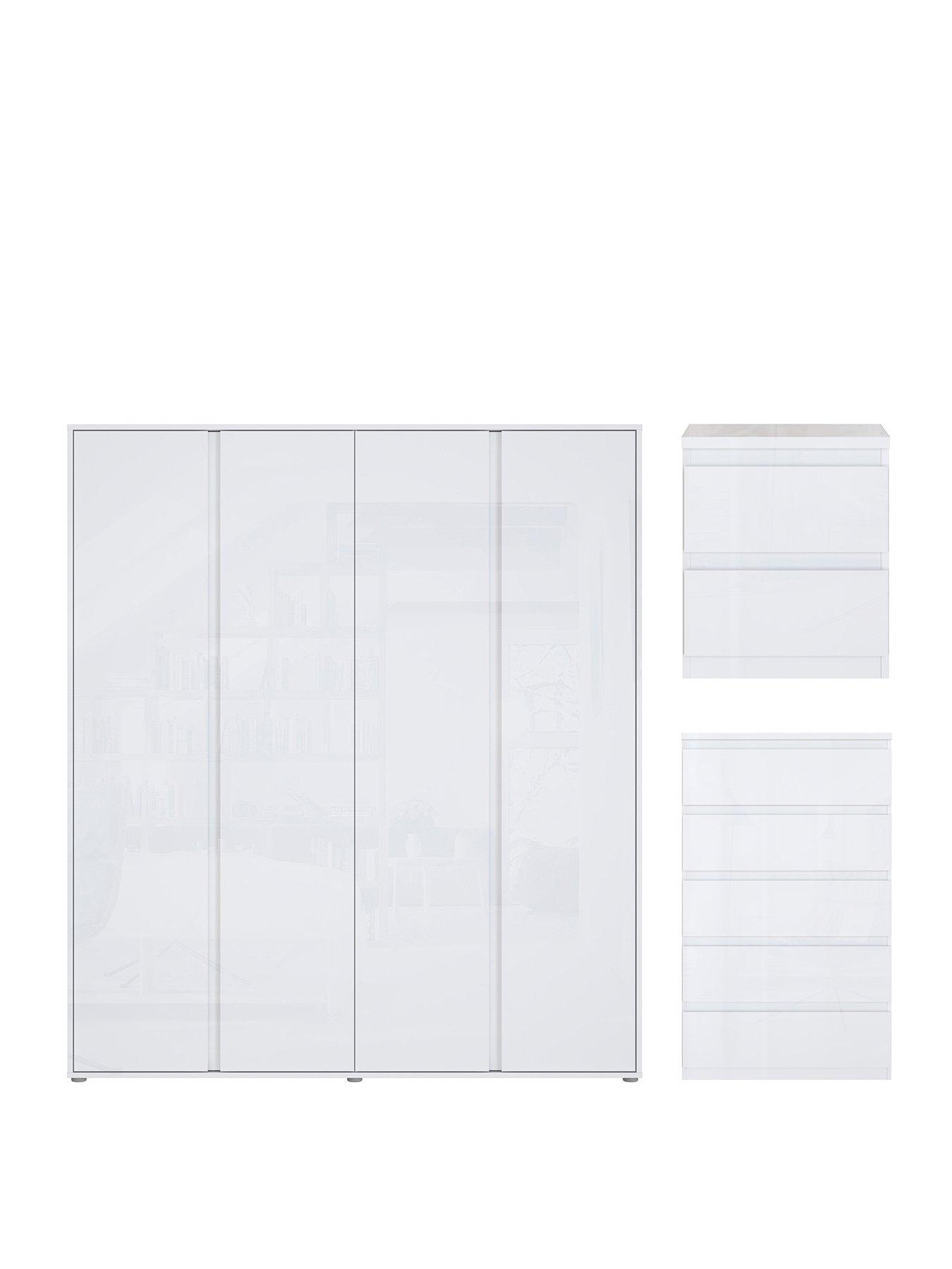 Image 2 of 6 of The Very Collection Layton Gloss 3 Piece&nbsp;Package - 4 Door Wardrobe, 5 Drawer Chest,&nbsp;2&nbsp;Drawer Bedside Chest - White Gloss - FSC&reg; Certified