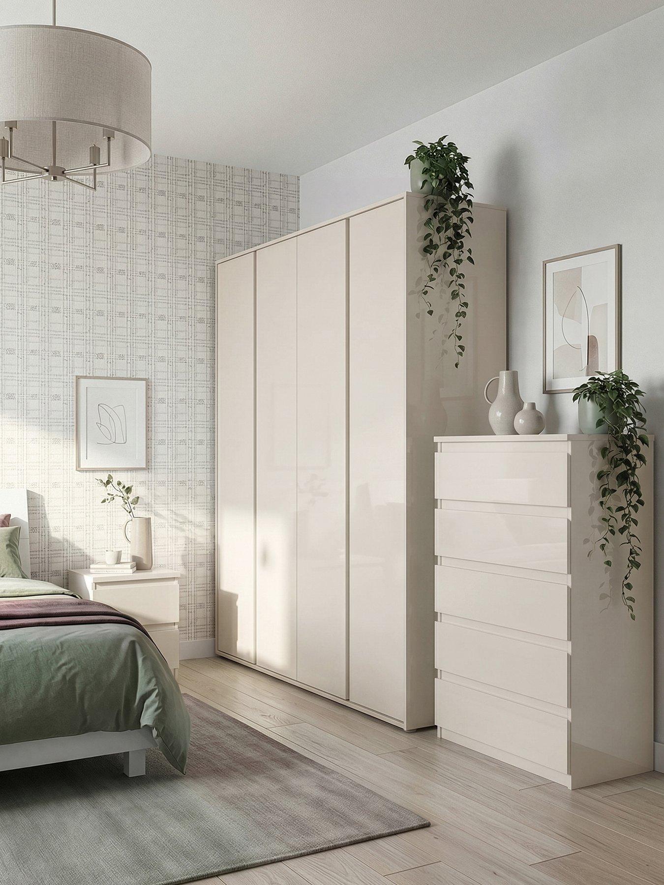 The Very Collection Layton Gloss 3 Piece Package - 4 Door Wardrobe, 5 Drawer Chest, 2 Drawer Bedside Chest - Oatmeal Gloss - FSC® Certified