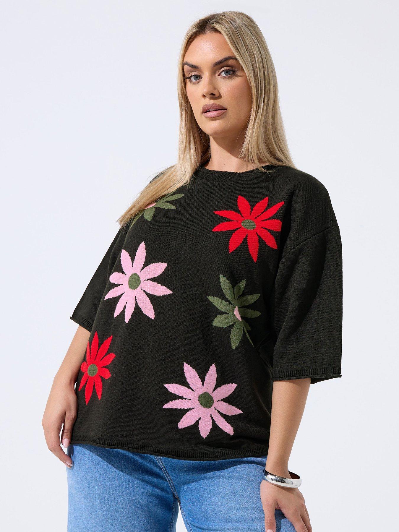 Image 1 of 3 of Yours Curve Floral Knit Boxy Top - Black