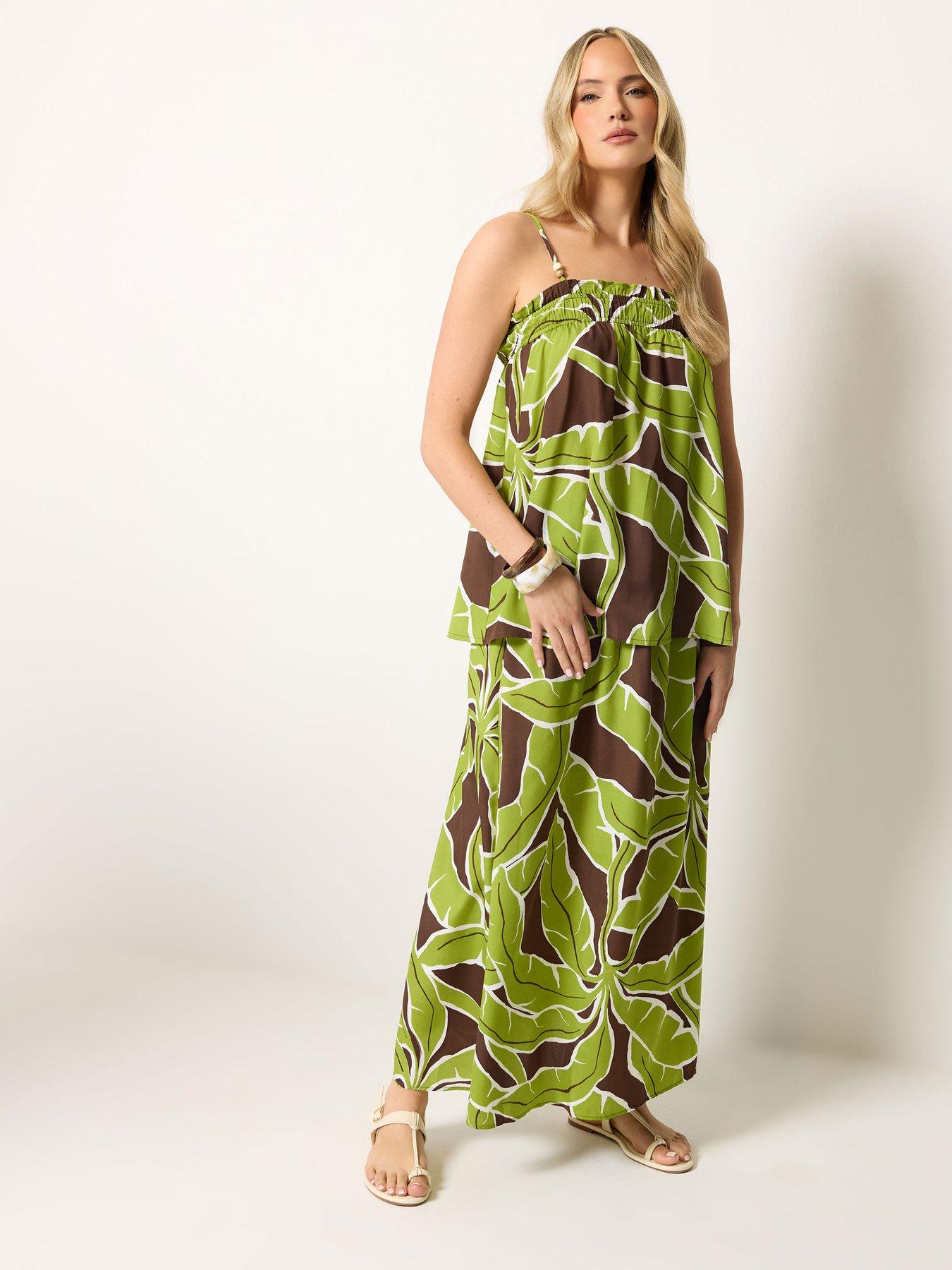 Image 3 of 4 of Long Tall Sally Palm Print Beaded Cami Co-Ord Top - Green