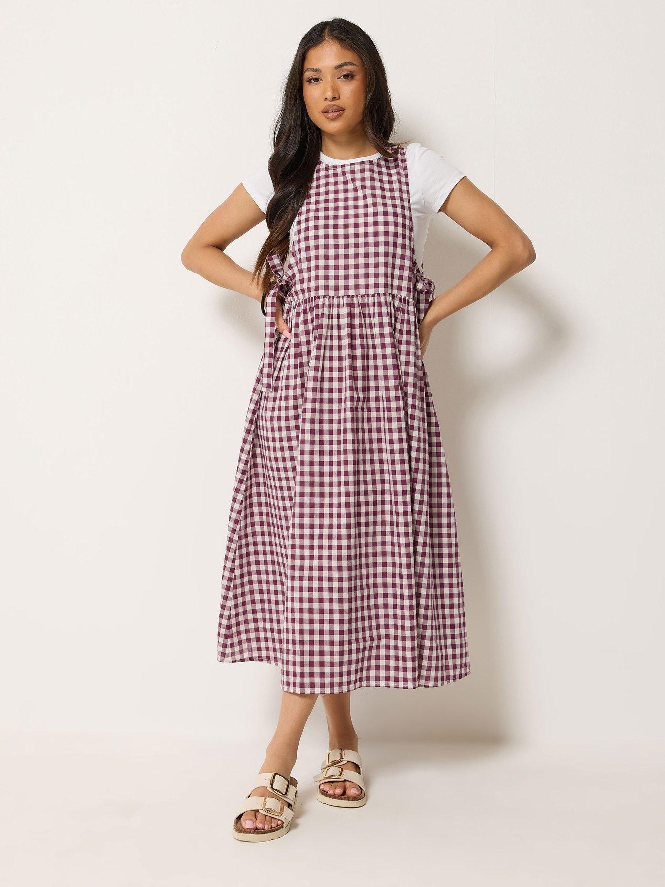Image 1 of 4 of PixieGirl Petite Gingham Pinafore Midi Dress - Red