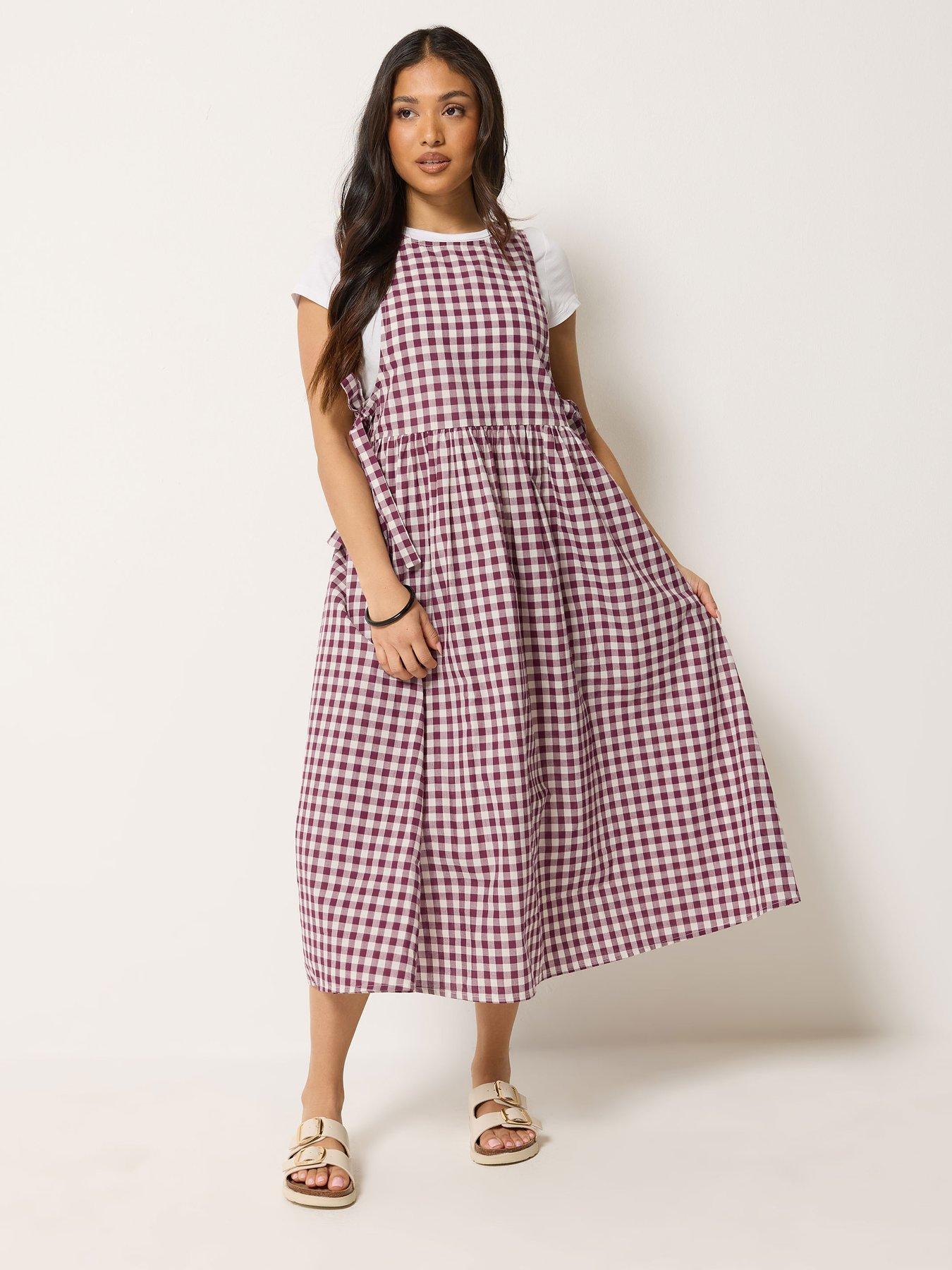 Image 3 of 4 of PixieGirl Petite Gingham Pinafore Midi Dress - Red