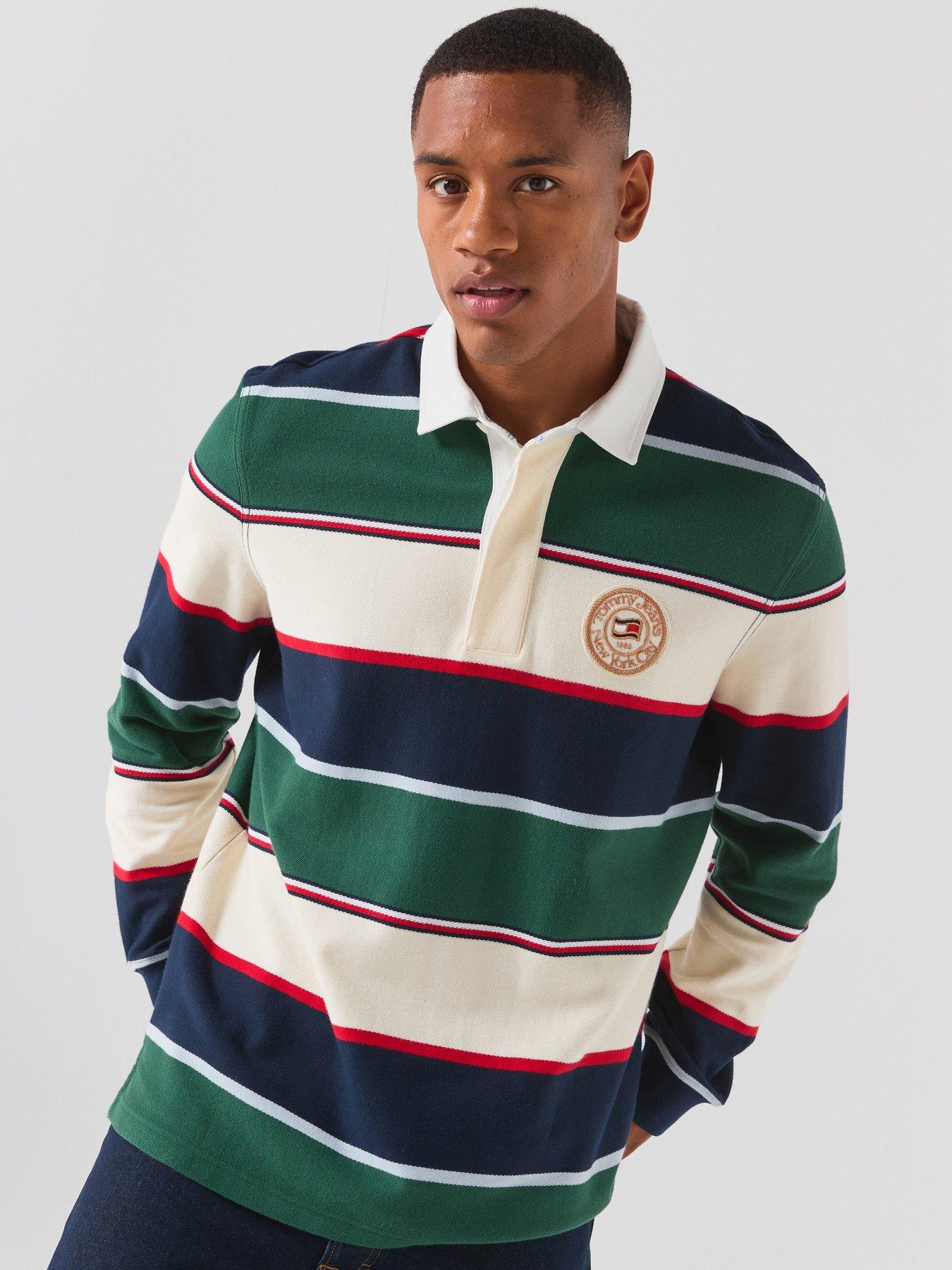 Tommy Jeans Mens Relaxed Varsity Stripe Long Sleeve Polo Shirt - Green
