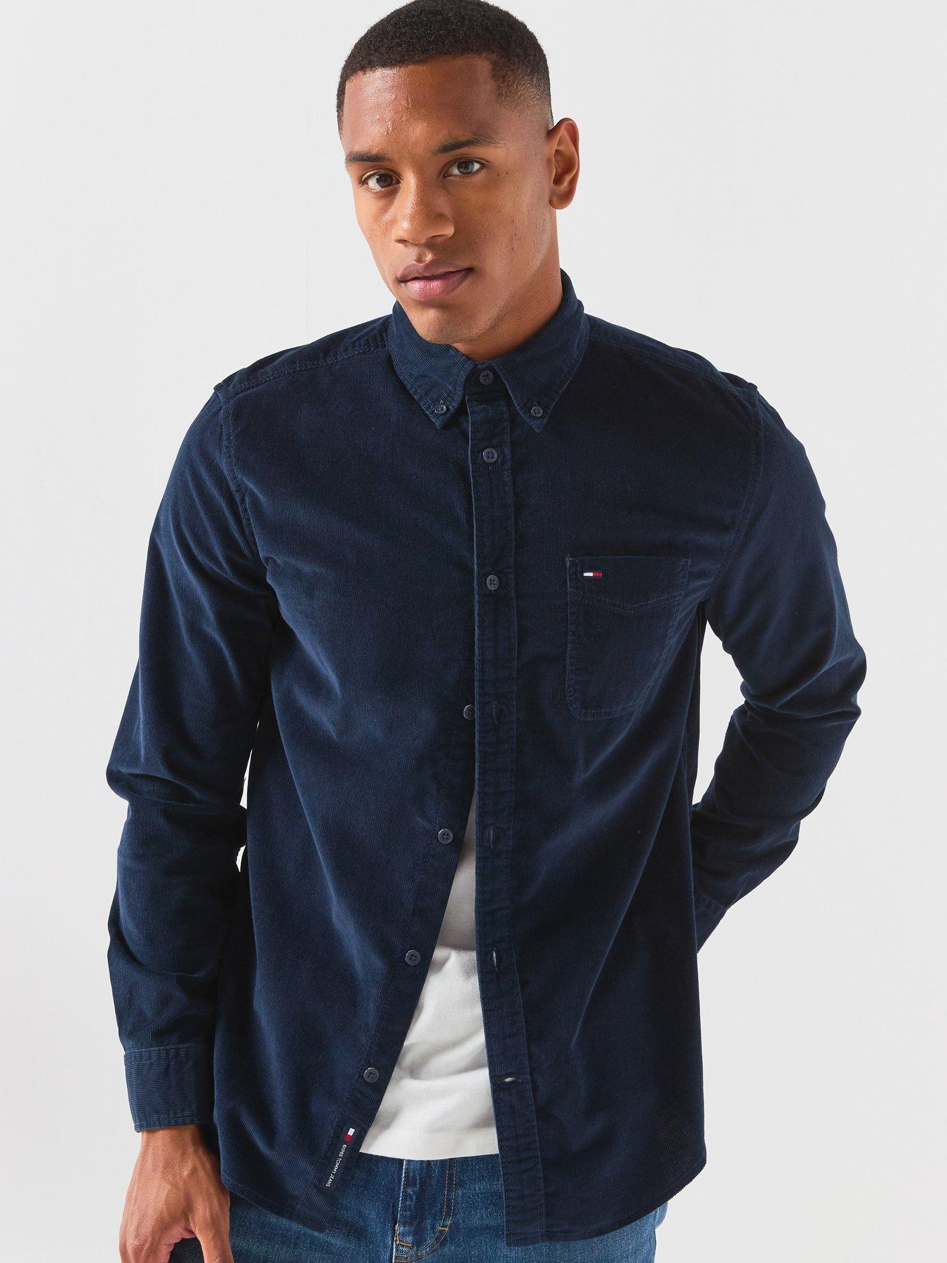 Image 1 of 6 of Tommy Jeans Mens Corduroy Button-Down Long Sleeve Shirt - Navy