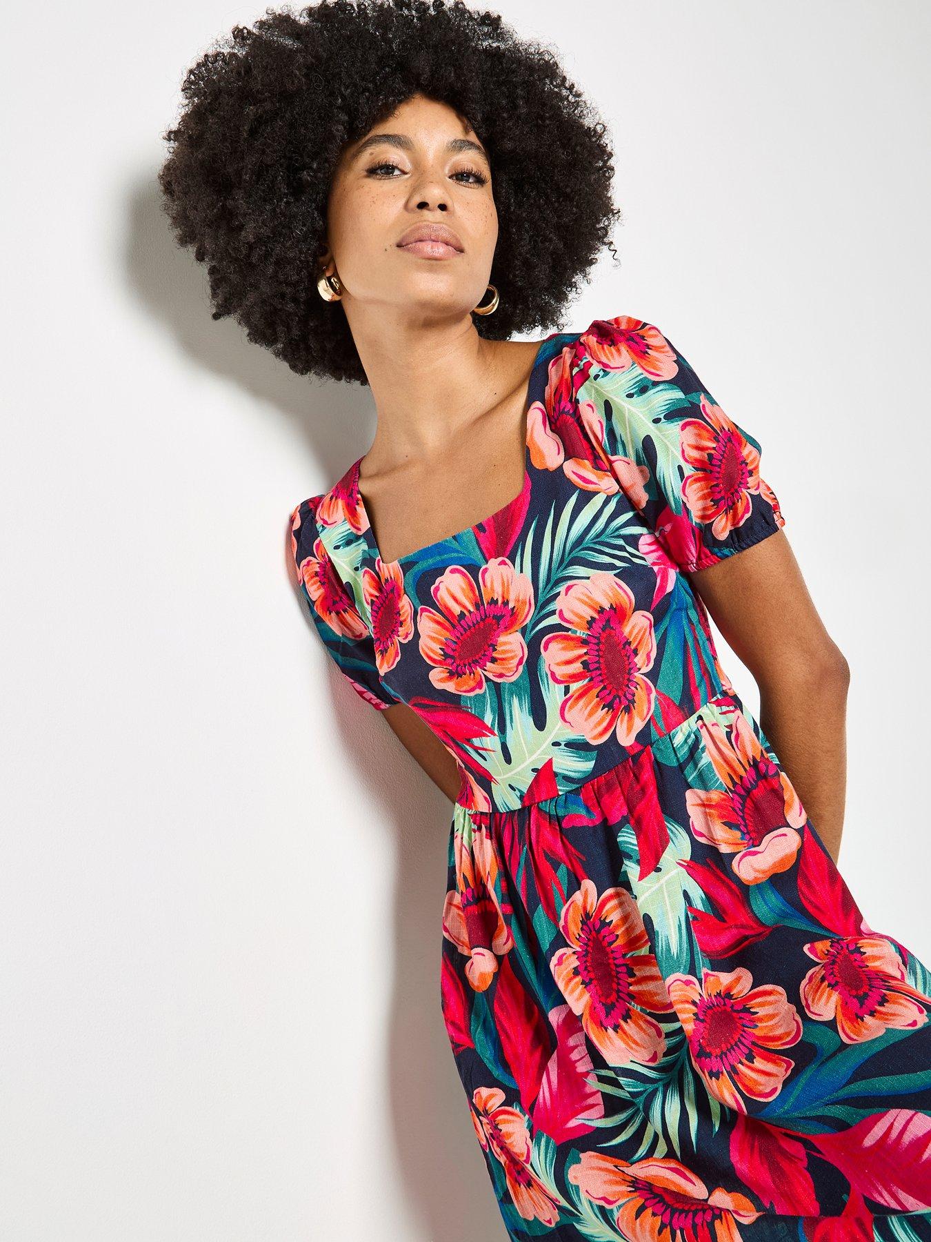 Apricot Tropical Floral Square Neck Mini Dress - Pink