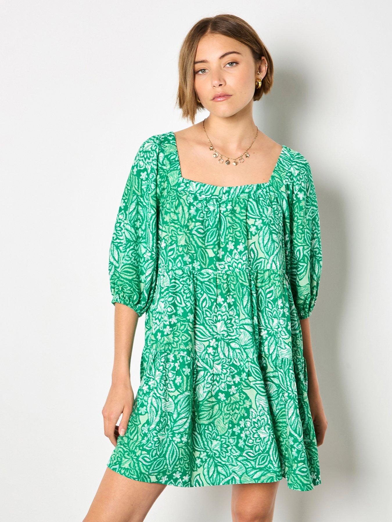 Apricot Floral Large Scale Tile Print Tiered Mini Dress - Green