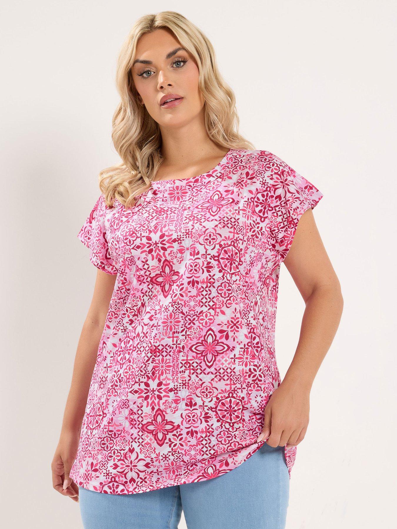 Yours Curve Tile Print Grown On Sleeve T-Shirt - Pink