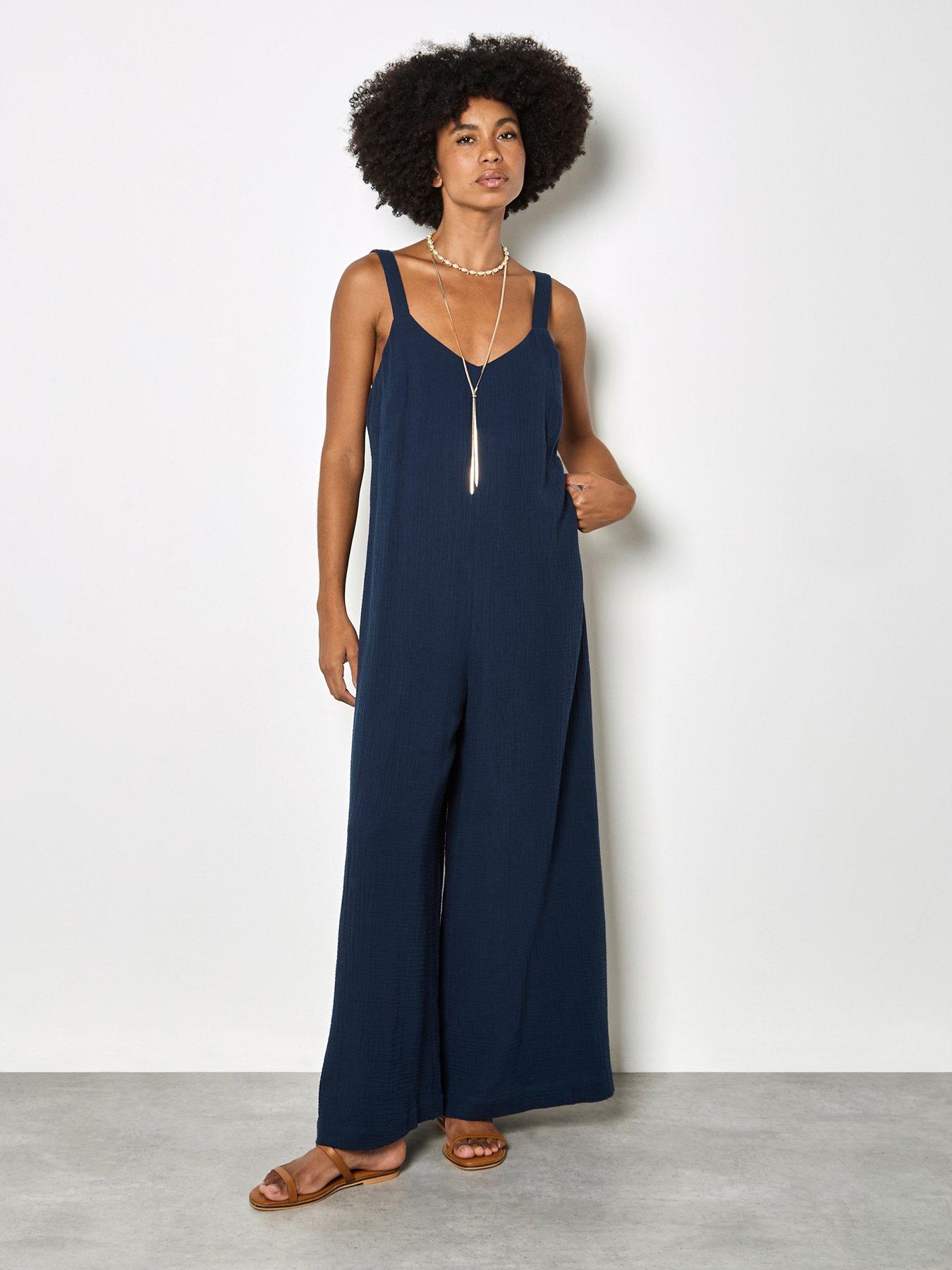 Apricot Double Weave Cotton Jumpsuit - Blue