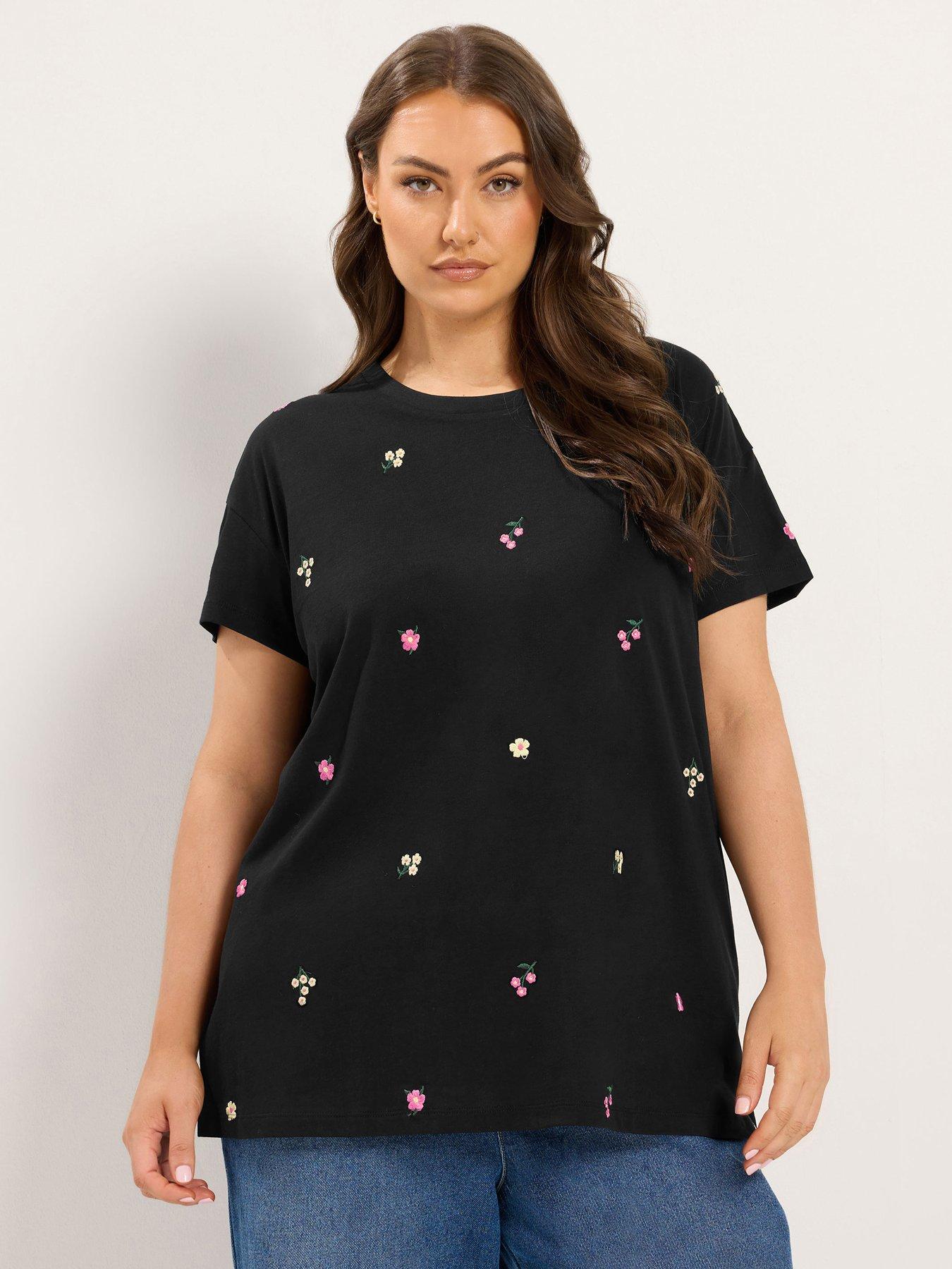 Yours Curve Embroidered Blossom T-Shirt - Black