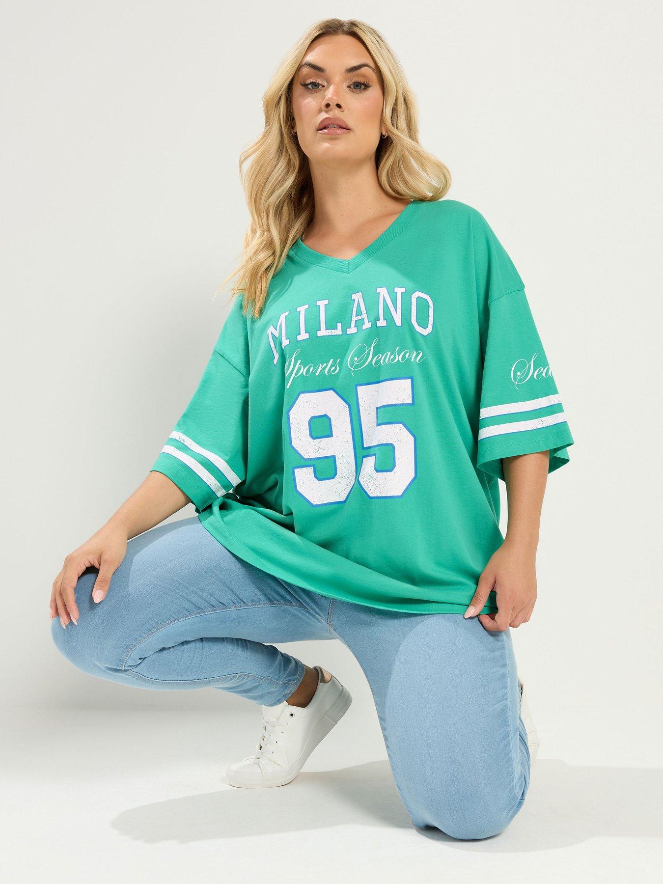 Image 1 of 4 of Yours Curve Varsity Placement V-Neck Boxy T-Shirt - Green