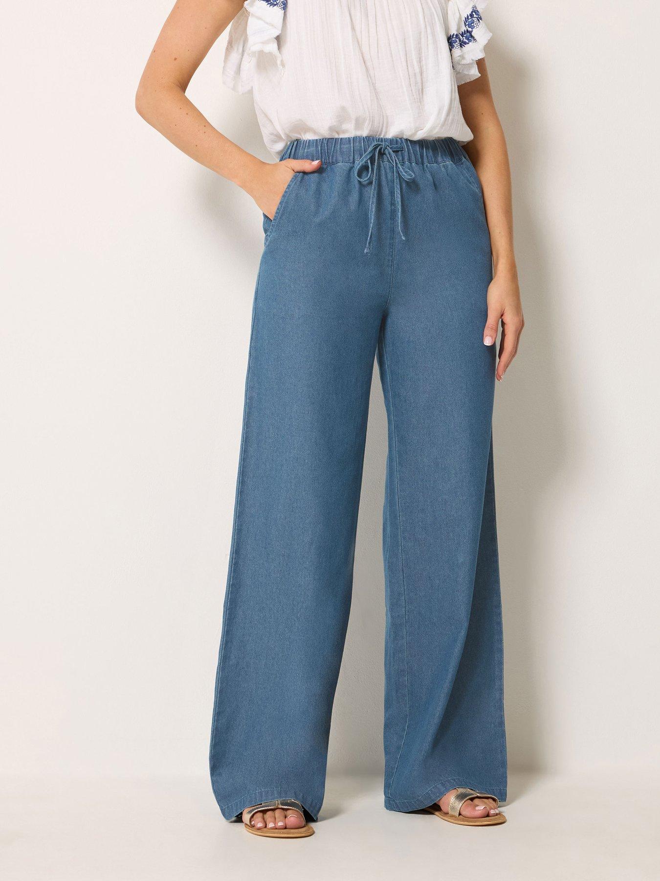 Long Tall Sally Wide Leg Mid Wash Pull On Jeans 36" - Blue