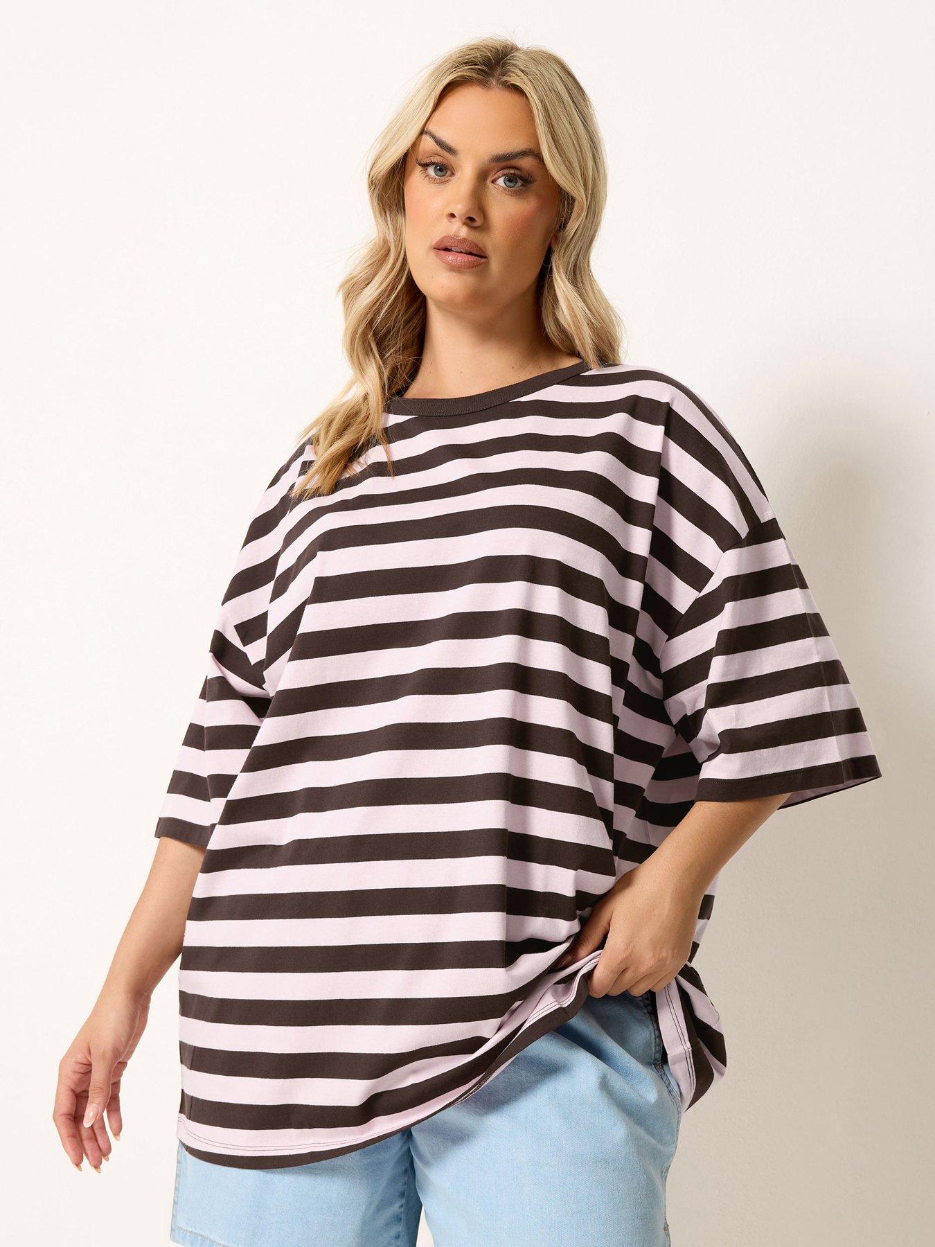 Image 1 of 4 of Yours Curve Striped Boxy T-Shirt - Pink