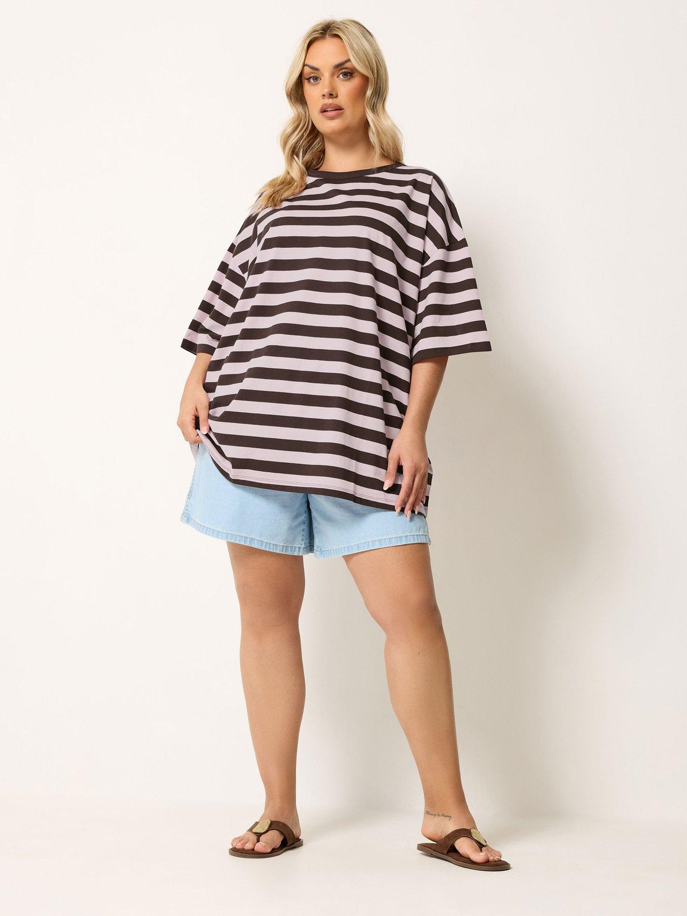 Image 3 of 4 of Yours Curve Striped Boxy T-Shirt - Pink