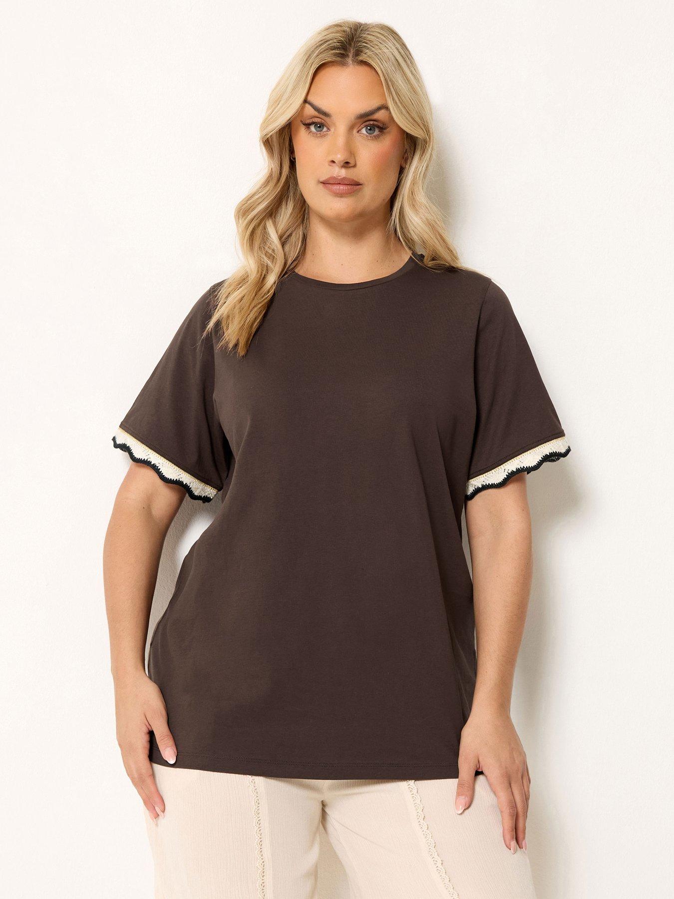 Yours Curve Lurex Trim T-Shirt - Brown