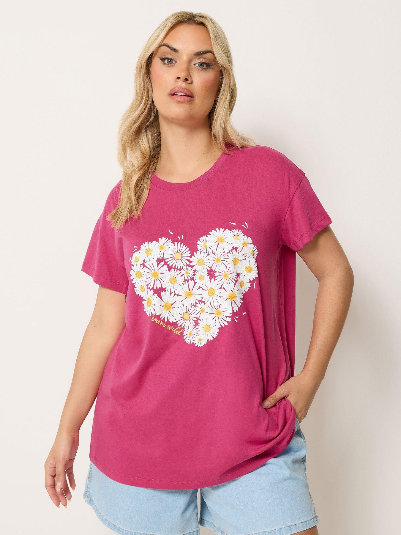 Image 1 of 5 of Yours Curve Printed Placement Core T-Shirt - Pink