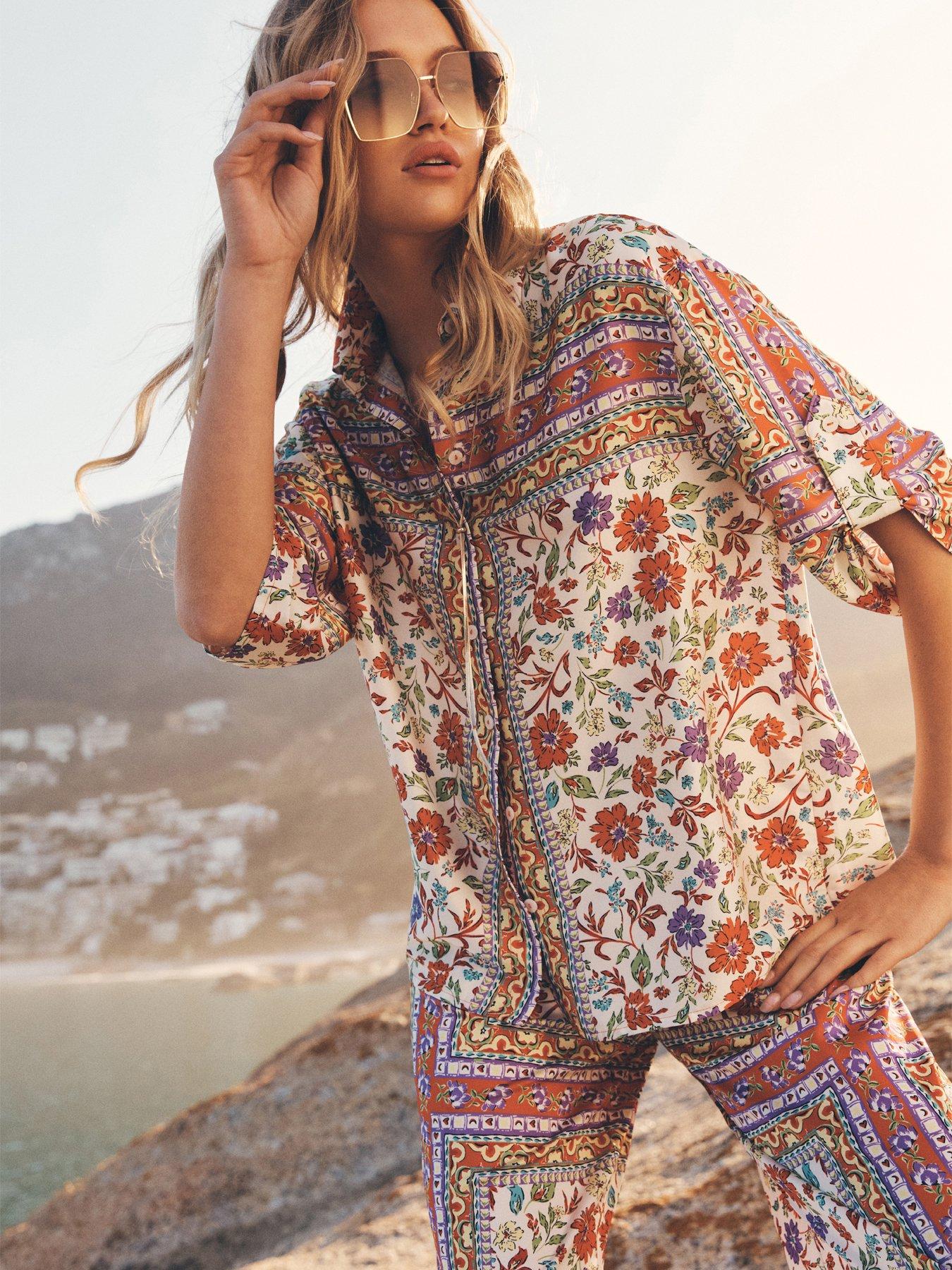 Apricot Border Floral Scarf Print Satin Shirt - Orange