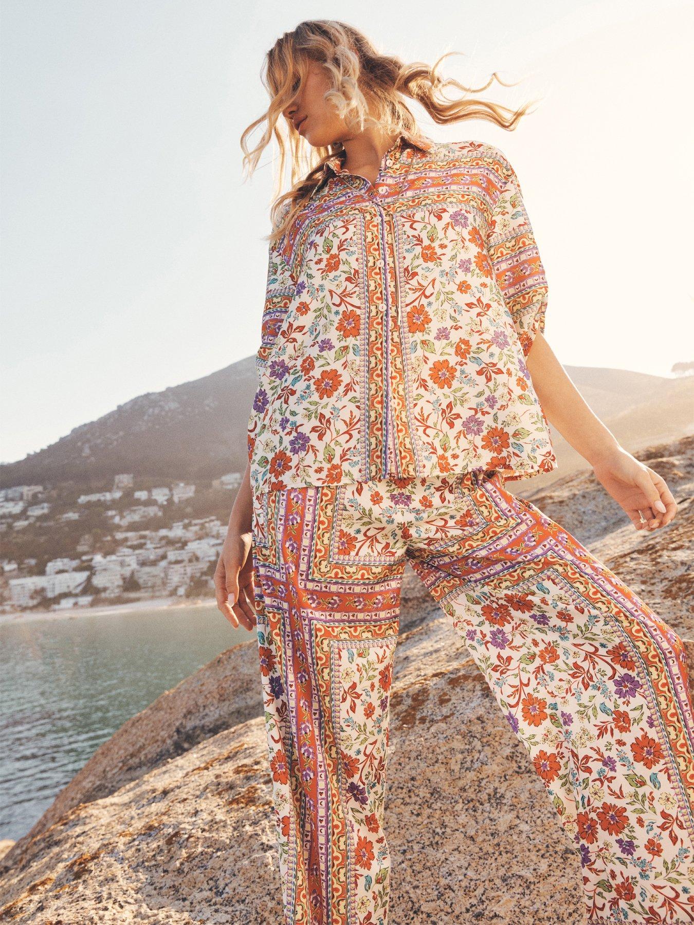 Apricot Border Floral Scarf Print Satin Trouser - Orange