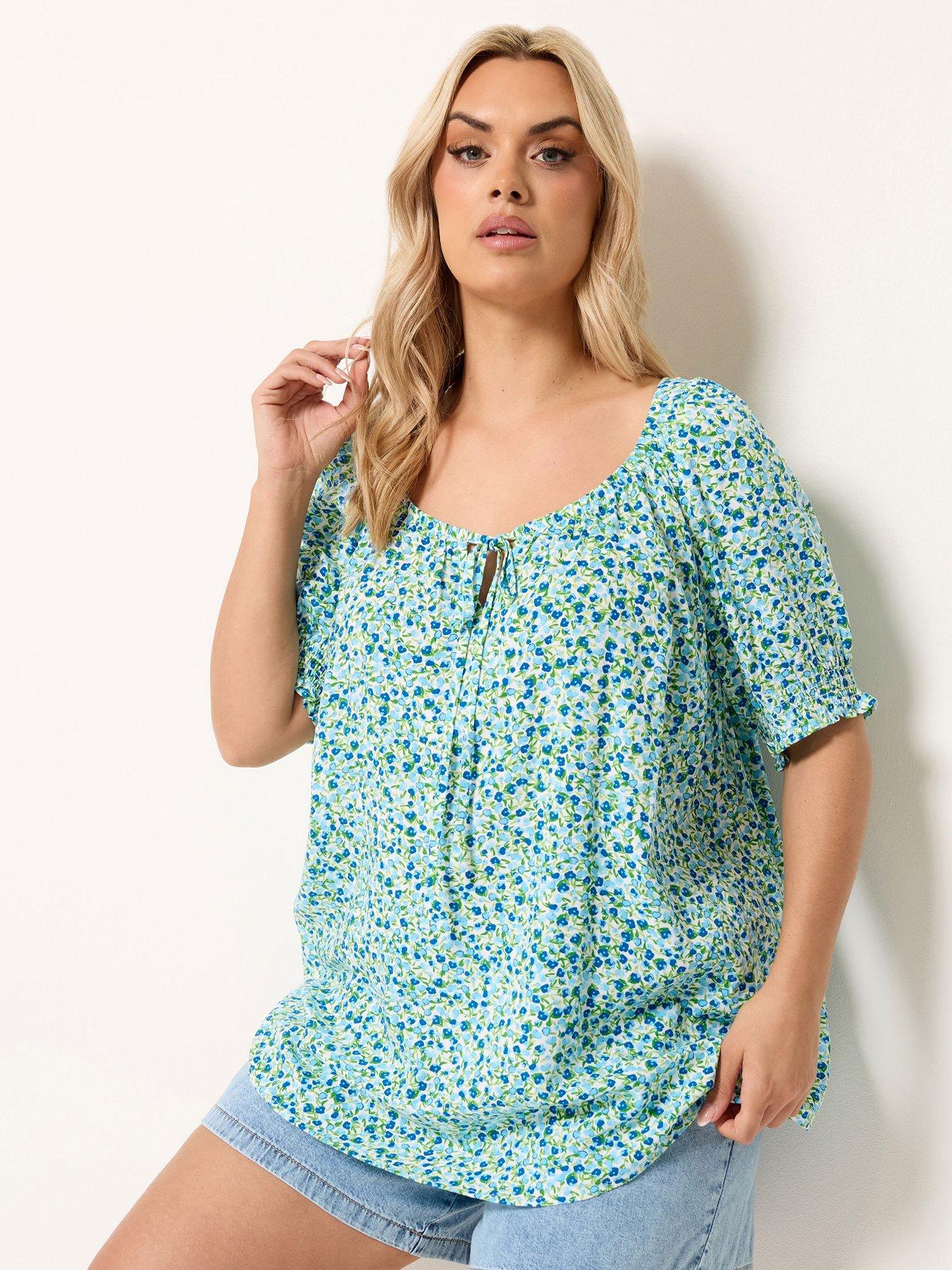 Image 1 of 4 of Yours Curve Ditsy Print Gypsy Top - Blue