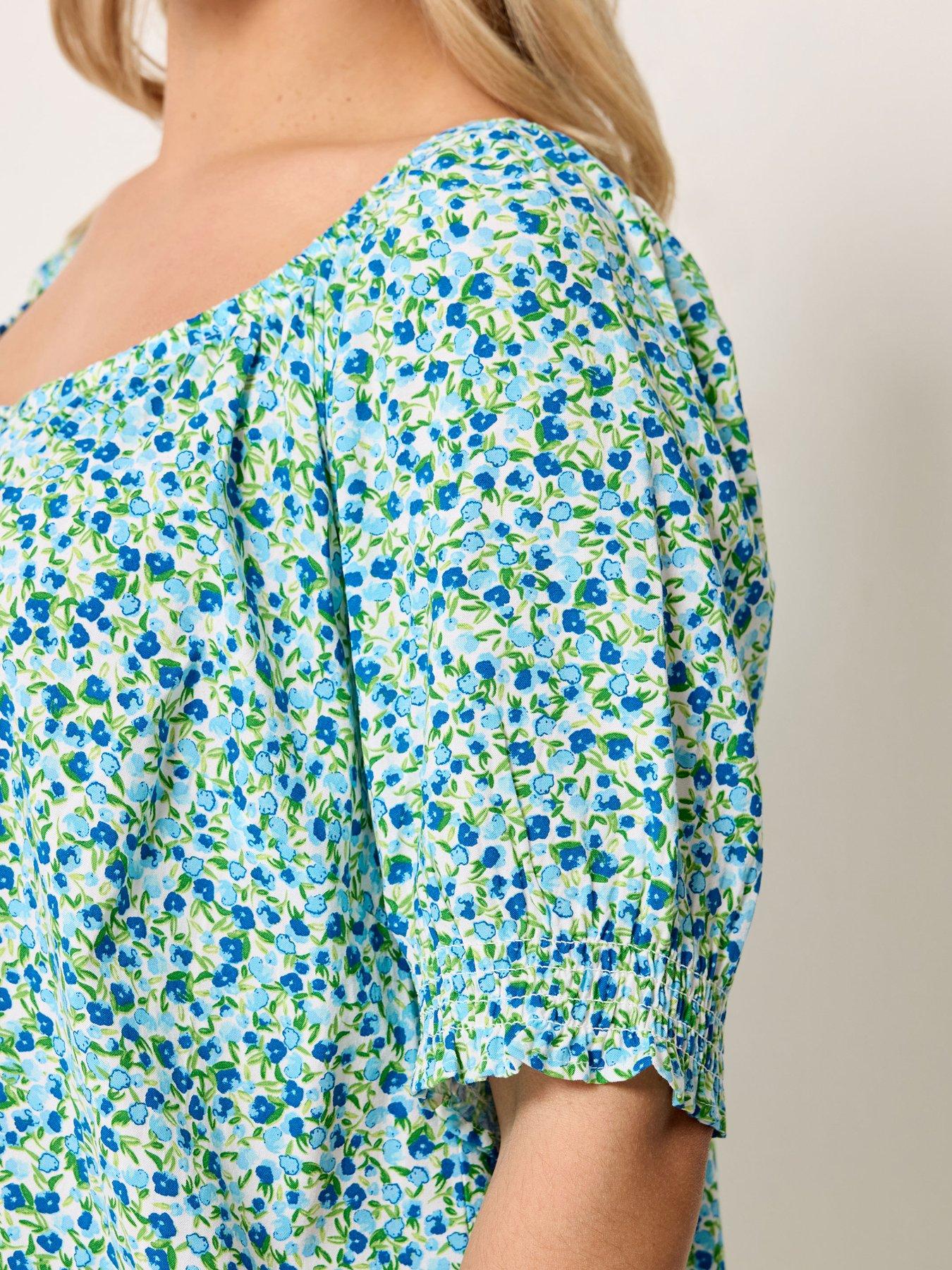 Image 4 of 4 of Yours Curve Ditsy Print Gypsy Top - Blue