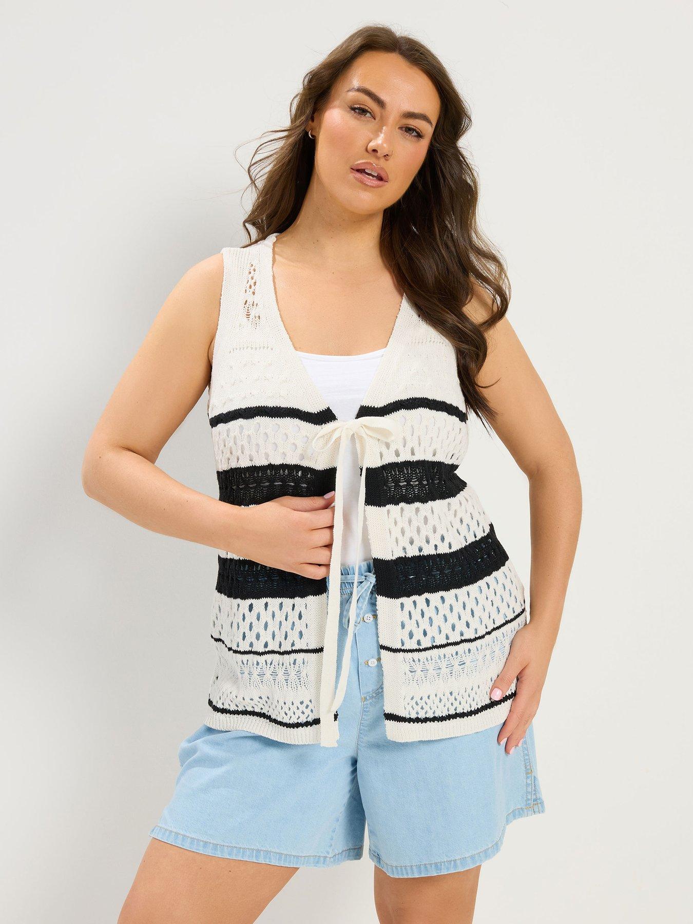 Image 1 of 4 of Yours Curve Crochet Striped Tie Front Overlayer - White