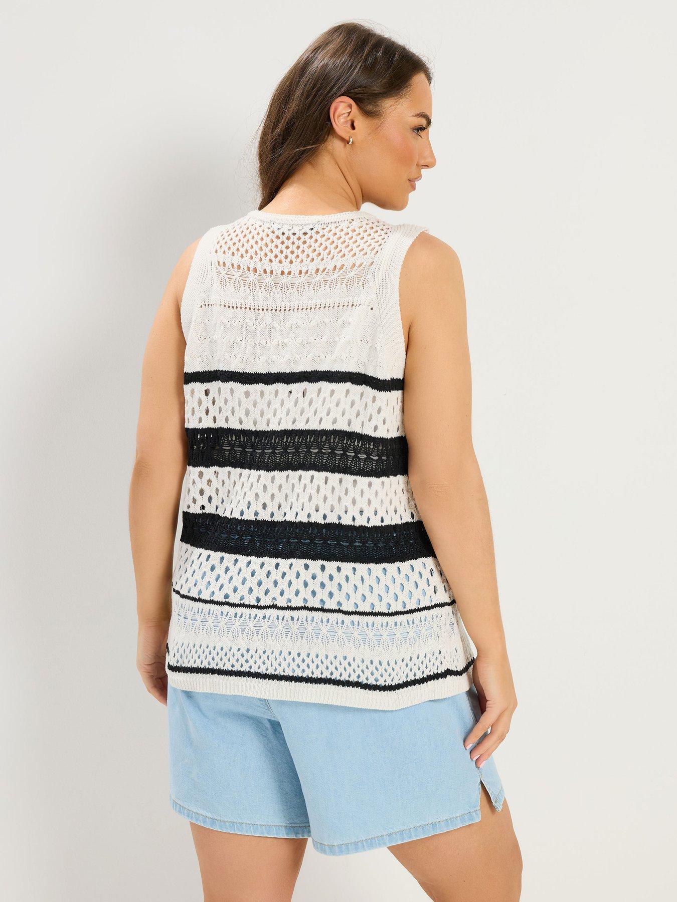Image 2 of 4 of Yours Curve Crochet Striped Tie Front Overlayer - White
