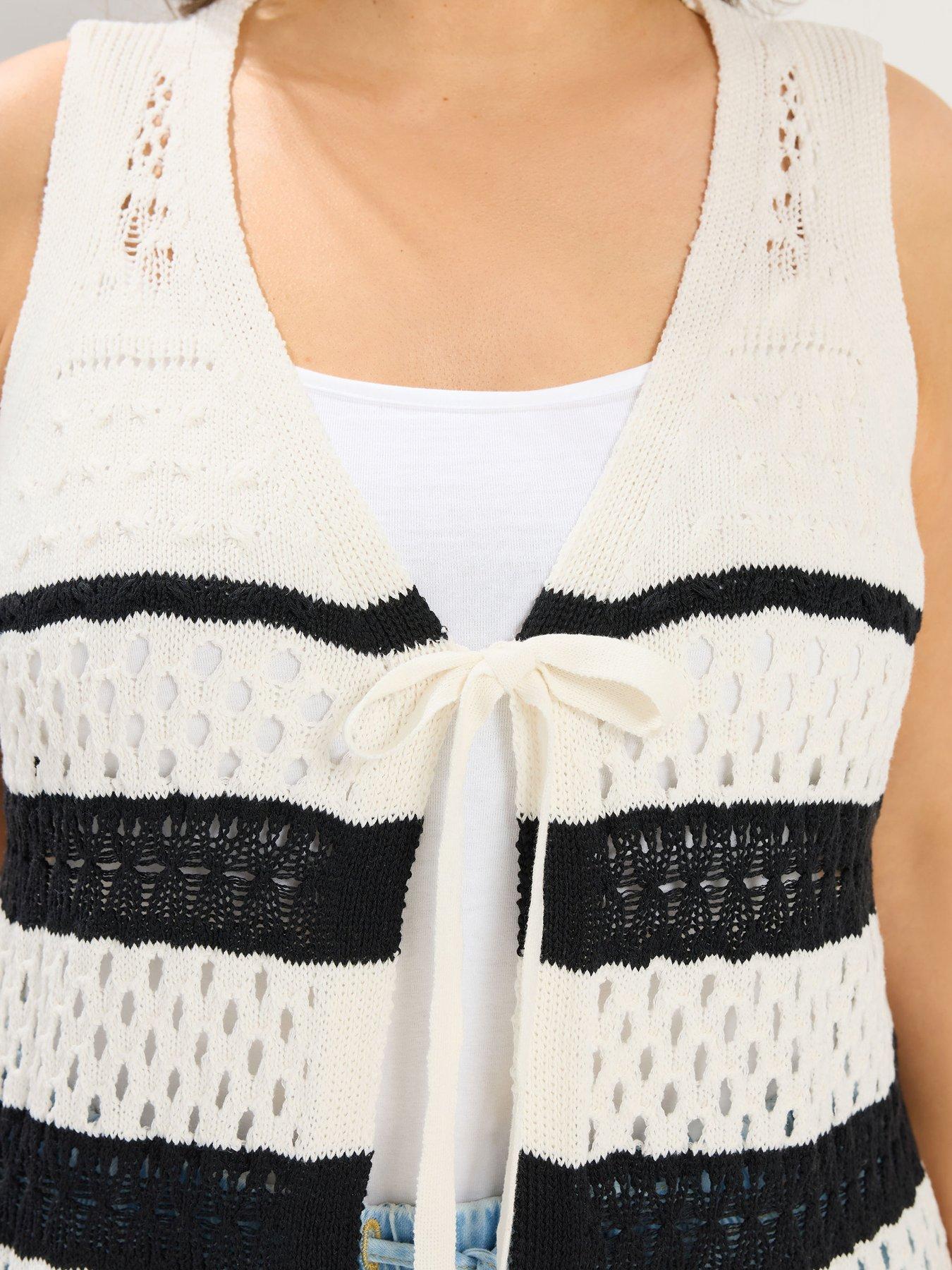 Image 4 of 4 of Yours Curve Crochet Striped Tie Front Overlayer - White