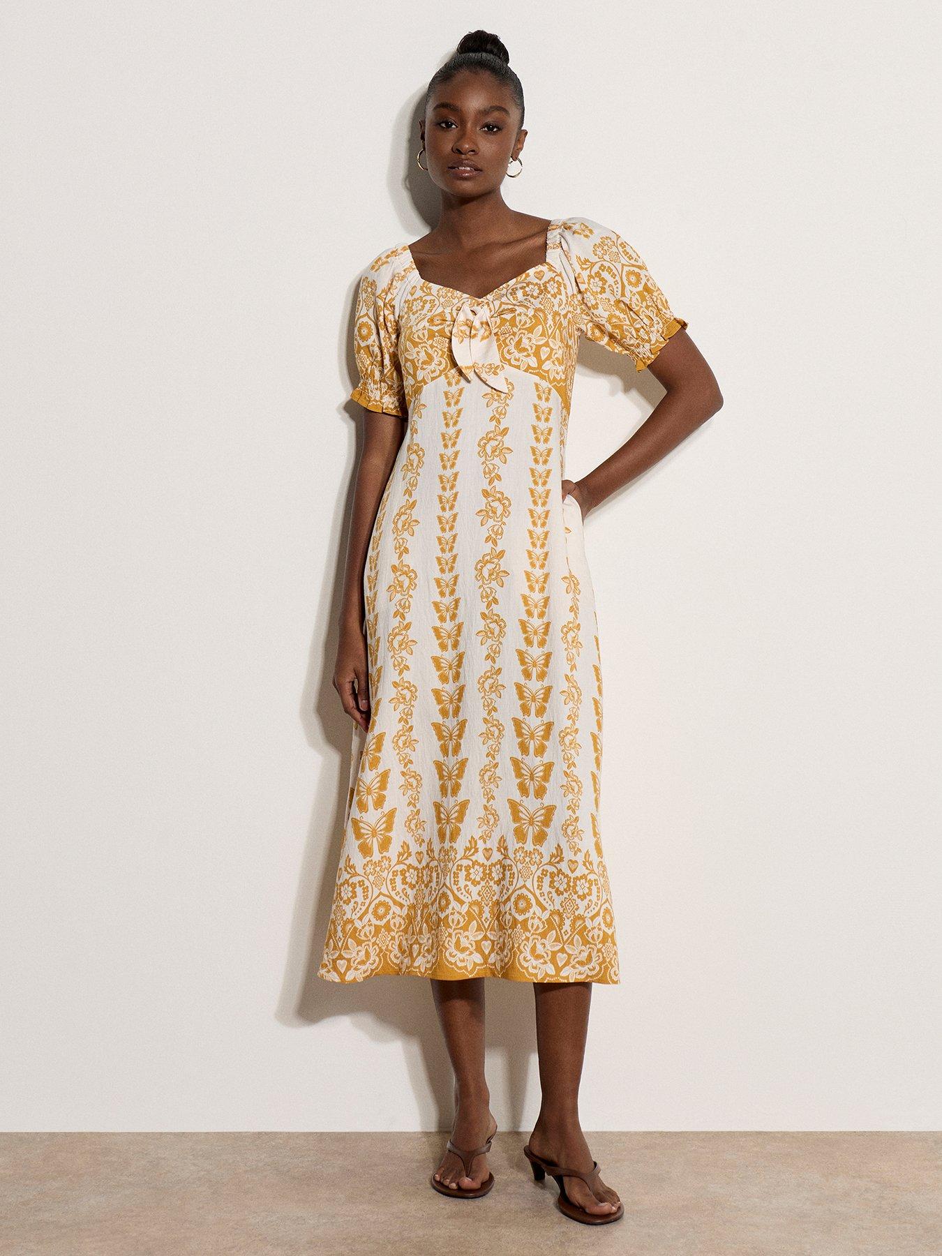 Apricot Butterflies Border Tie Front Dress