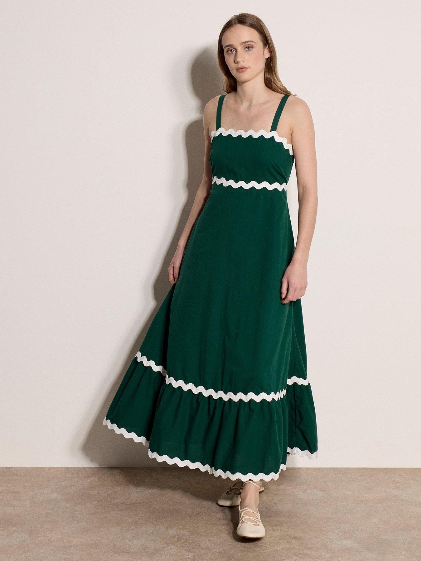 Image 1 of 4 of Apricot Ric Rac Trim Midaxi Dress - Green