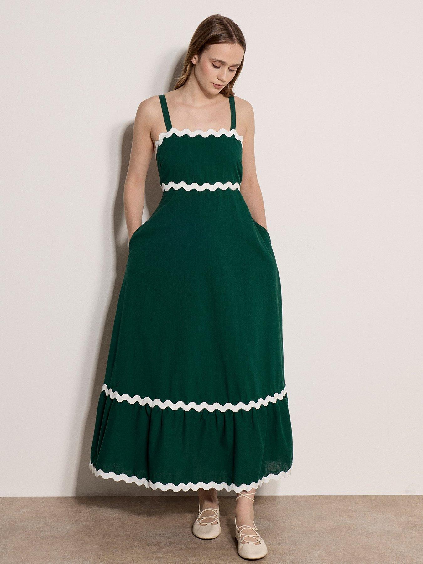 Image 3 of 4 of Apricot Ric Rac Trim Midaxi Dress - Green