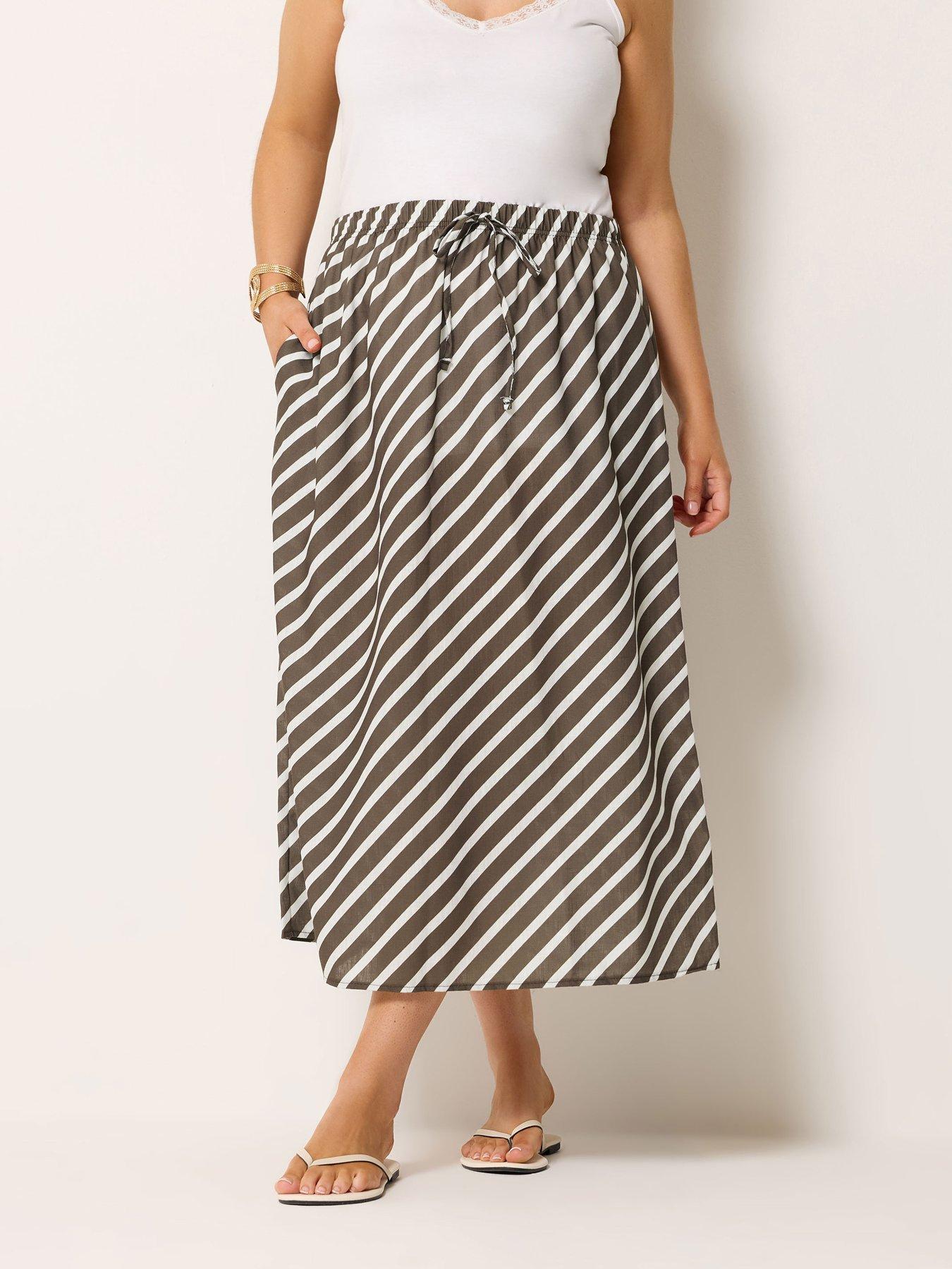 Yours Curve Linen Look Stripe Skirt - Cream