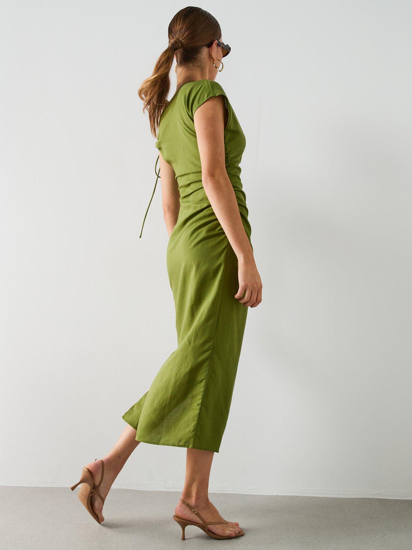 Image 2 of 6 of Mango Asymmetric Side Ruched Dress - Green