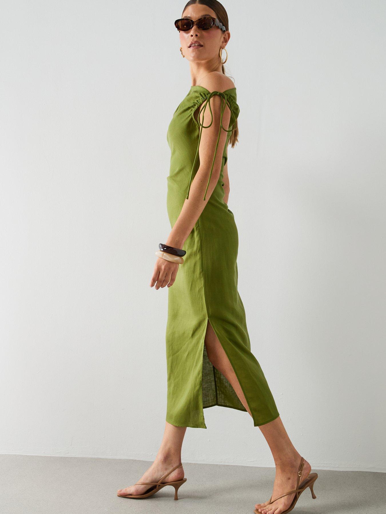 Image 3 of 6 of Mango Asymmetric Side Ruched Dress - Green