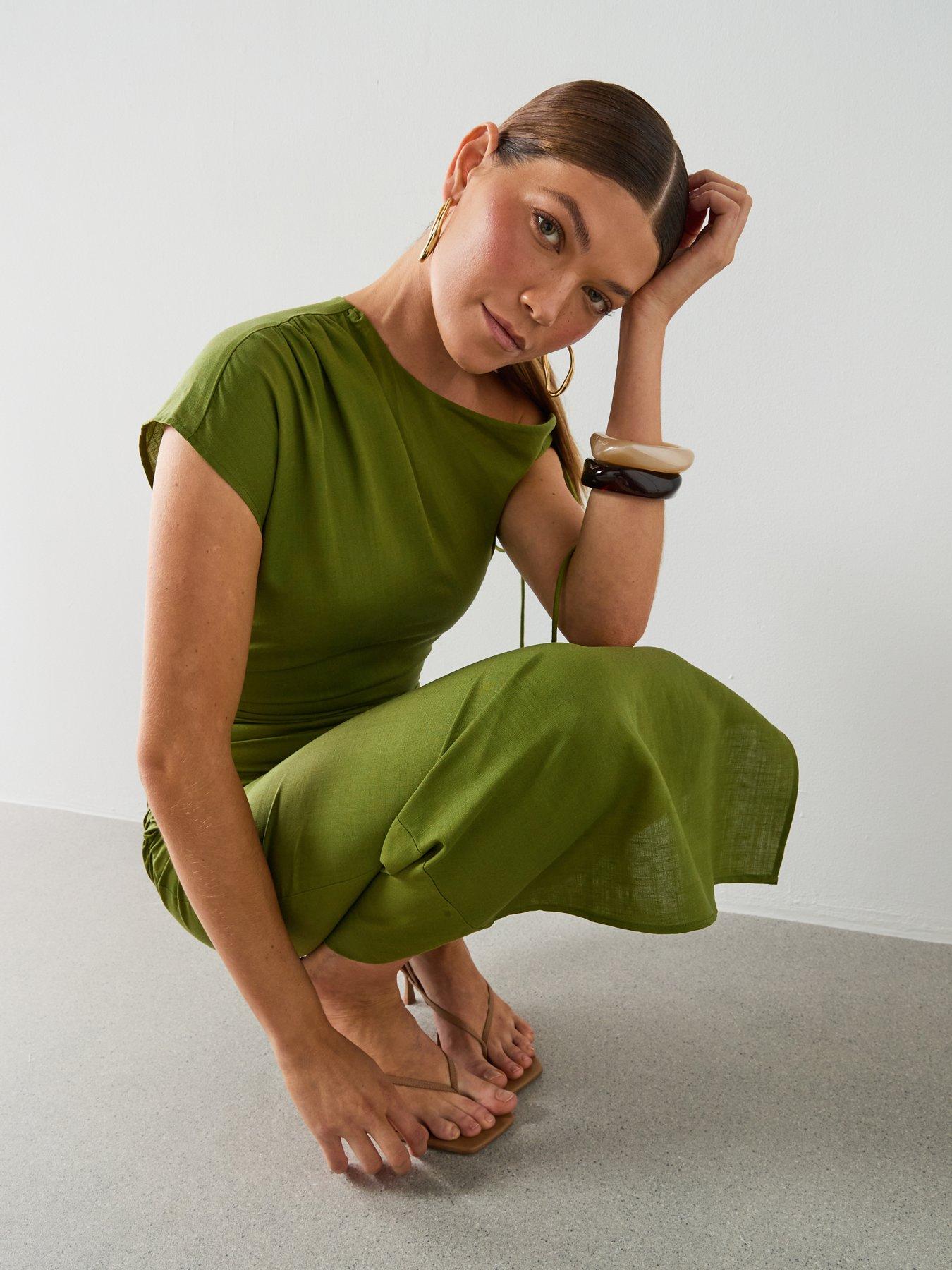 Image 5 of 6 of Mango Asymmetric Side Ruched Dress - Green