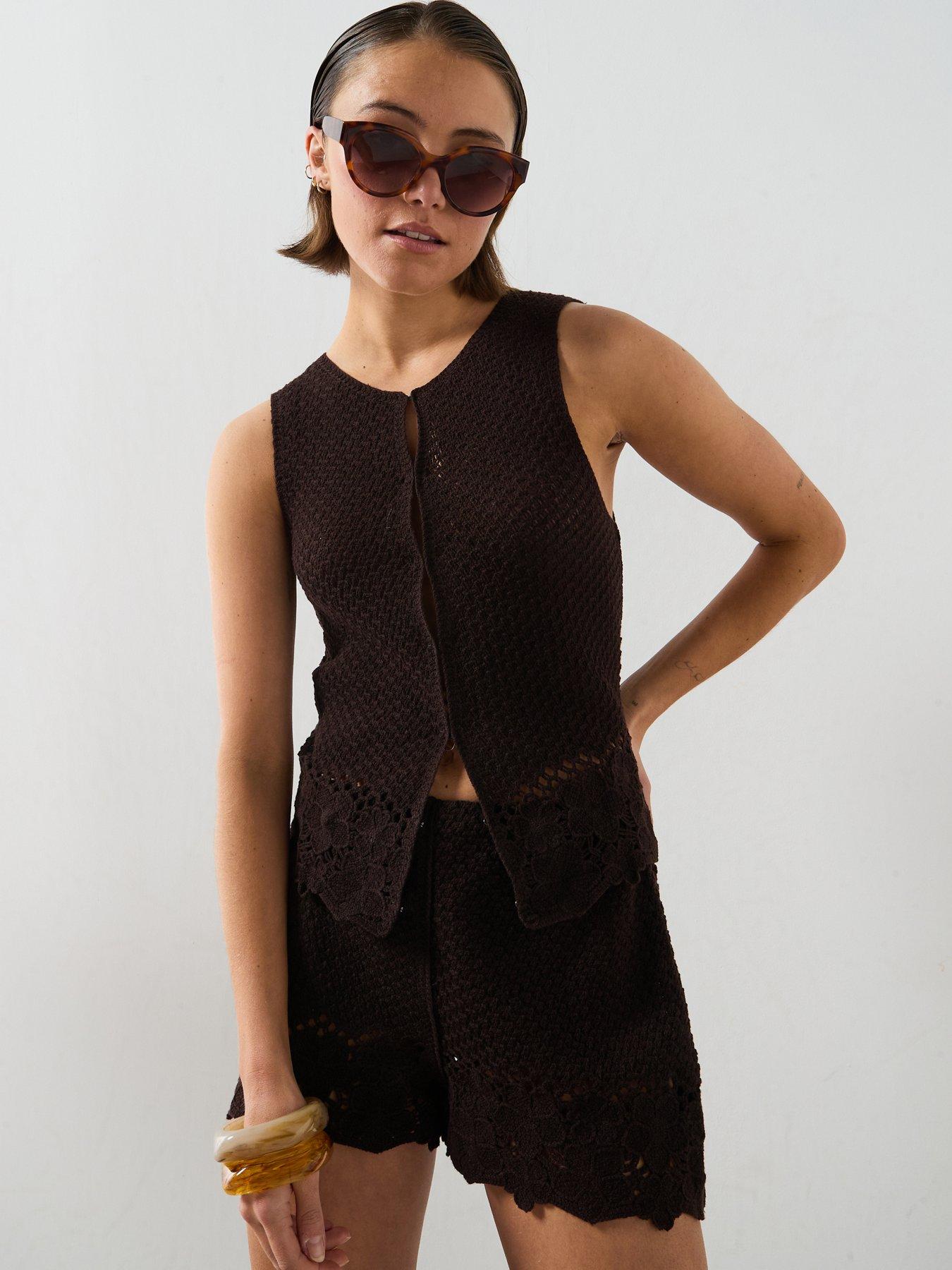 Mango Crochet Co-Ord Cotton Gilet, Brown, Size Xs, Women