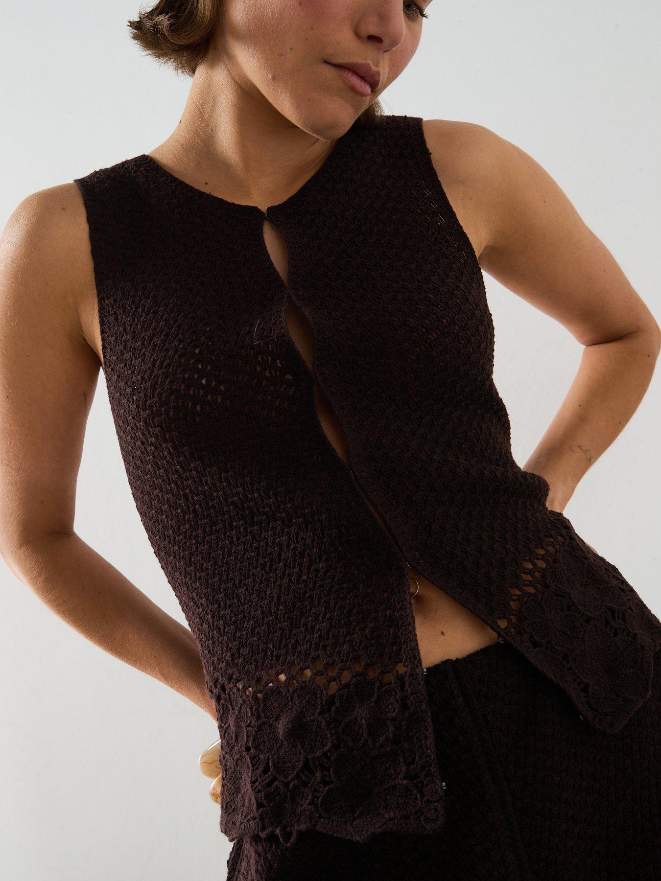 Image 6 of 6 of Mango Crochet Co-Ord Cotton Gilet - Brown