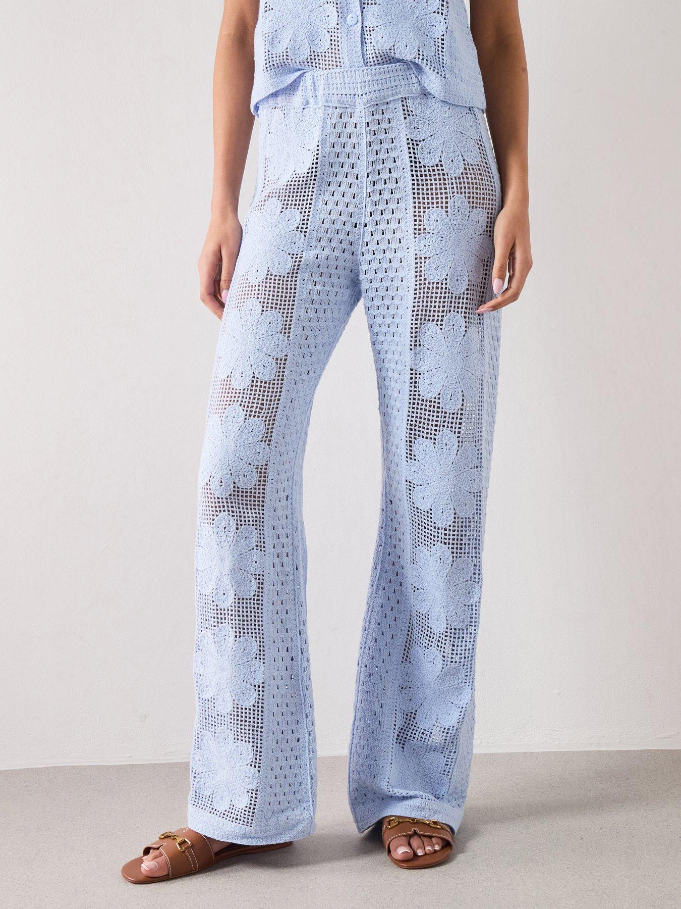 Mango Broderie Anglaise Co-Ord Straight-Leg Trousers - Blue