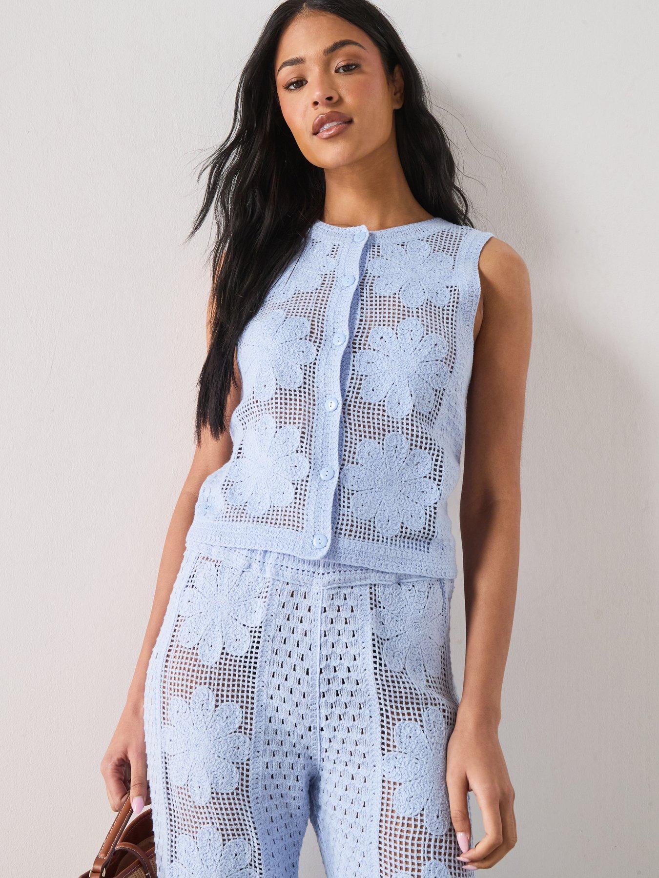Mango Embroidered Co-Ord Openwork Knit Gilet - Blue