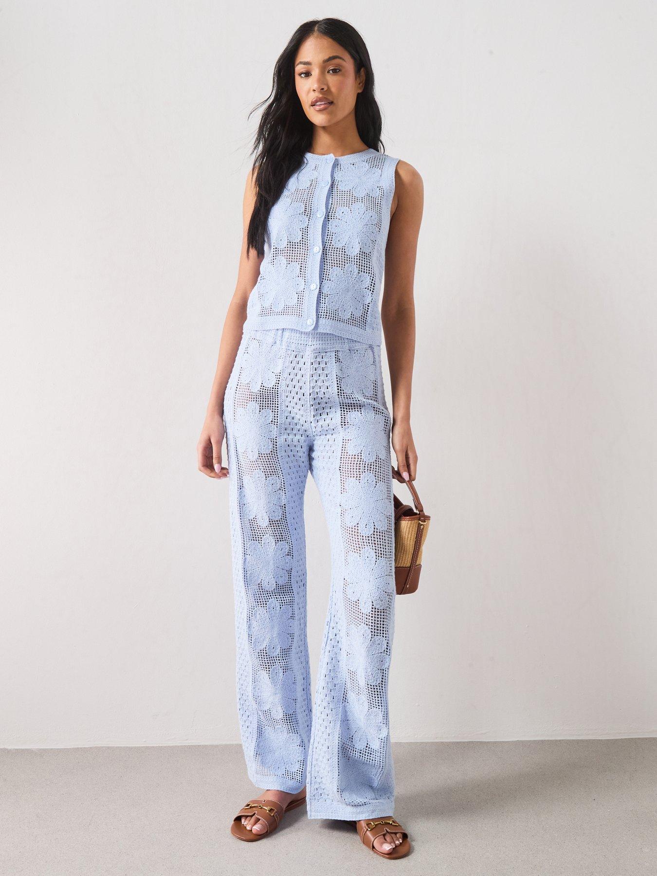 Image 3 of 5 of Mango Embroidered Co-ord Openwork Knit Gilet - Blue