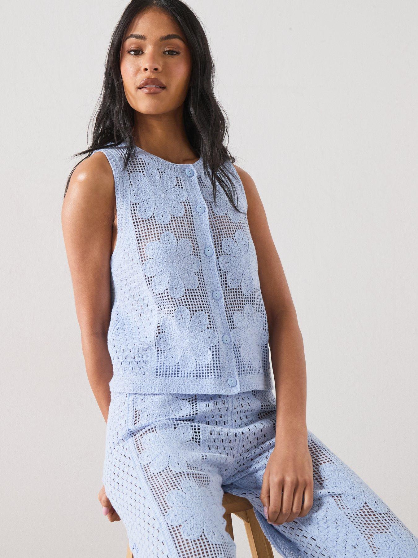 Image 4 of 5 of Mango Embroidered Co-ord Openwork Knit Gilet - Blue