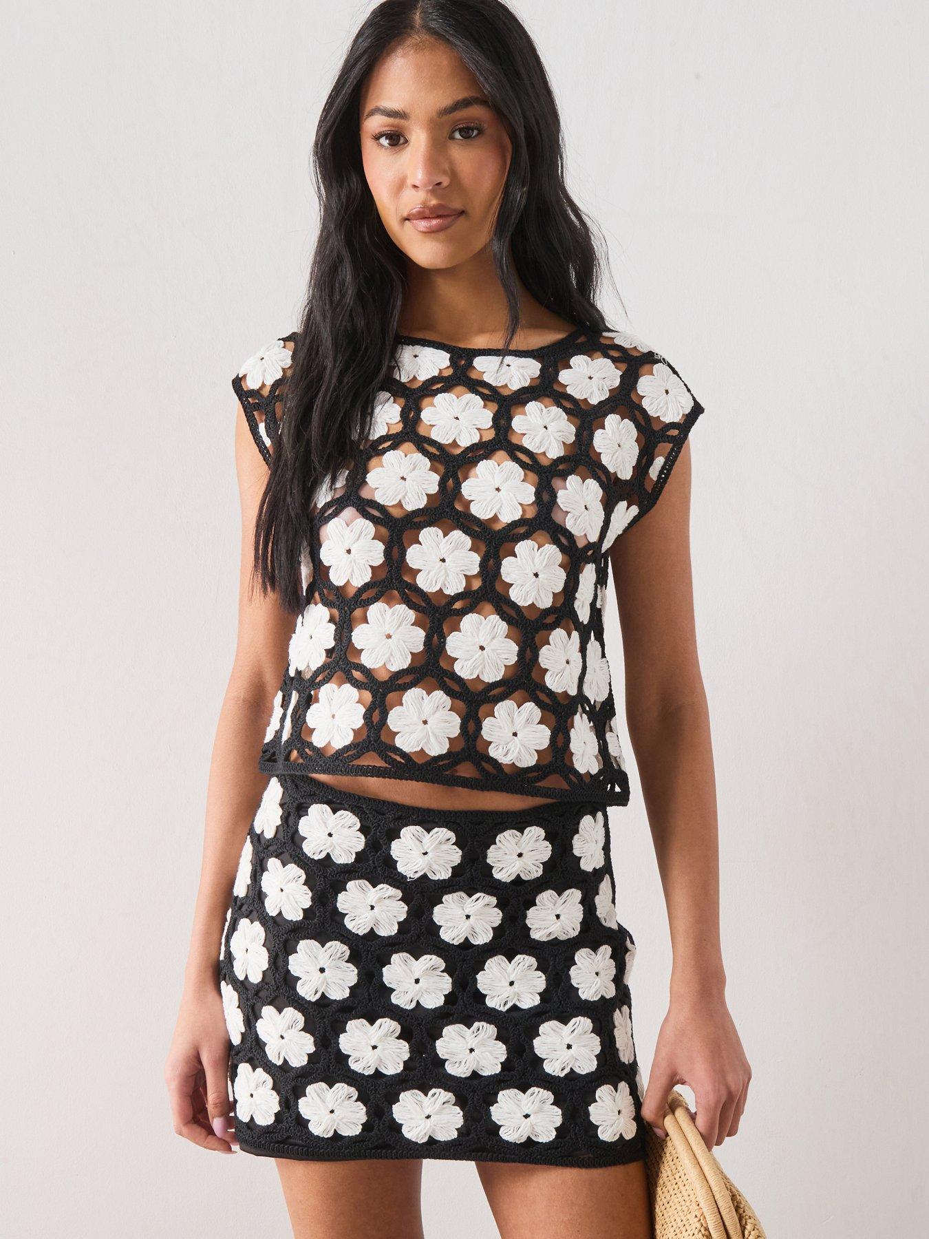 Mango Crochet Co-ord Sweater With Flowers, Black, Size L, Women
