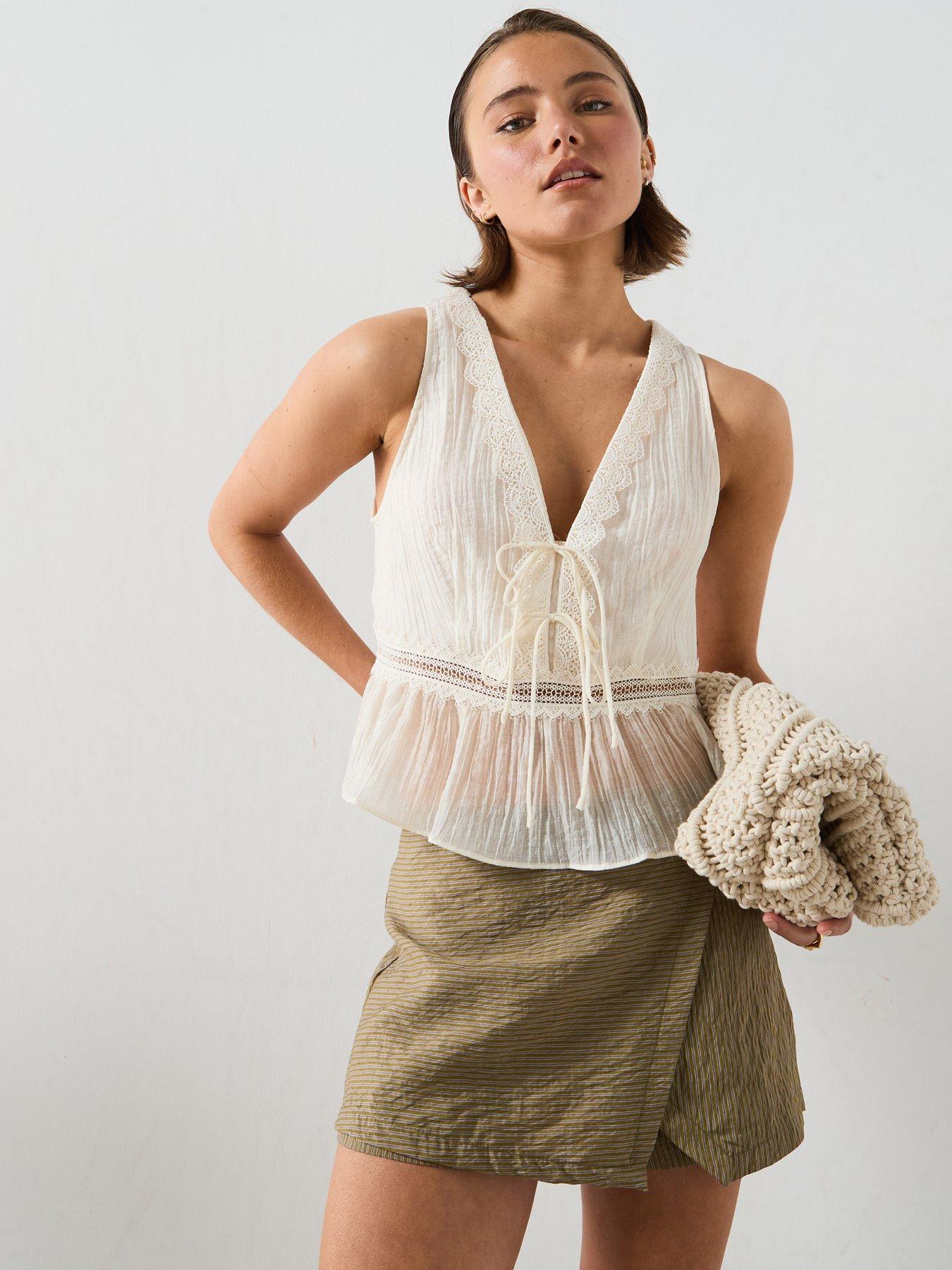 Image 1 of 5 of Mango Lyocell Top With Contrasting Trim - Cream