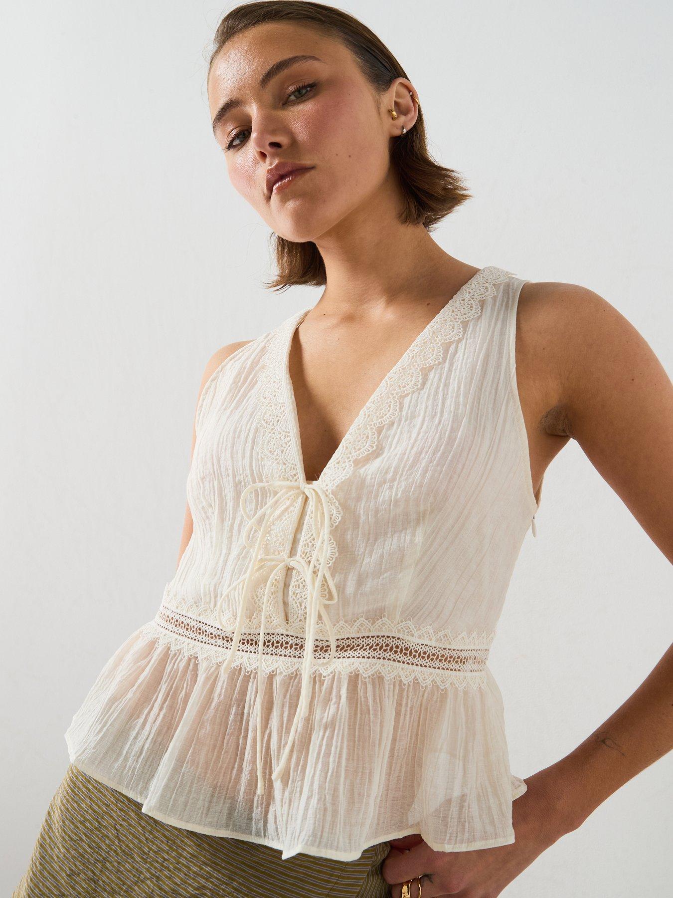 Image 4 of 5 of Mango Lyocell Top With Contrasting Trim - Cream