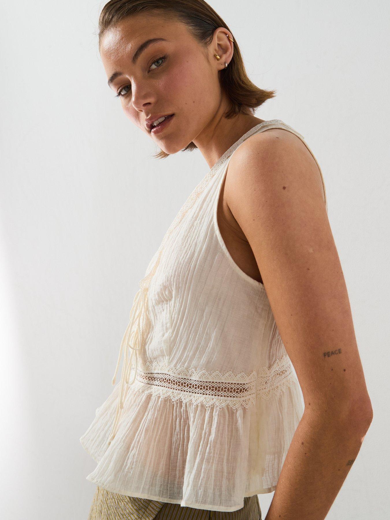 Image 5 of 5 of Mango Lyocell Top With Contrasting Trim - Cream