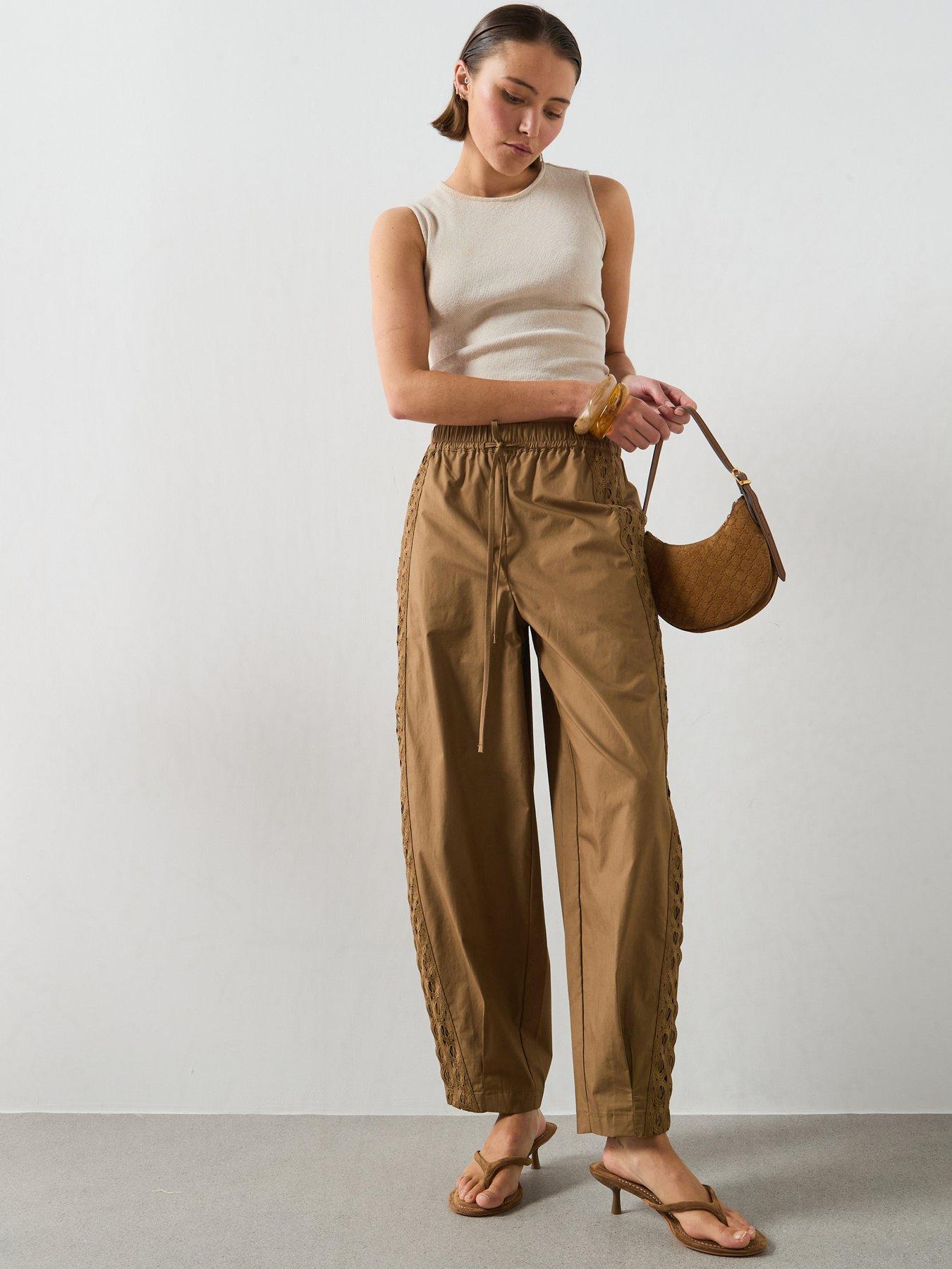 Mango 100% Cotton Trousers With Embroidered Stripe, Green, Size M, Women