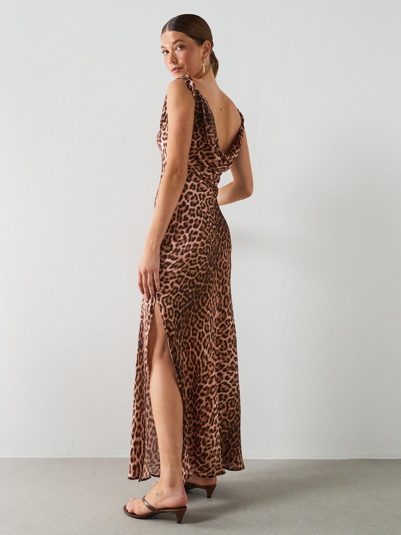 Image 1 of 6 of Mango Animal Print Dress With A Draped Collar - Brown